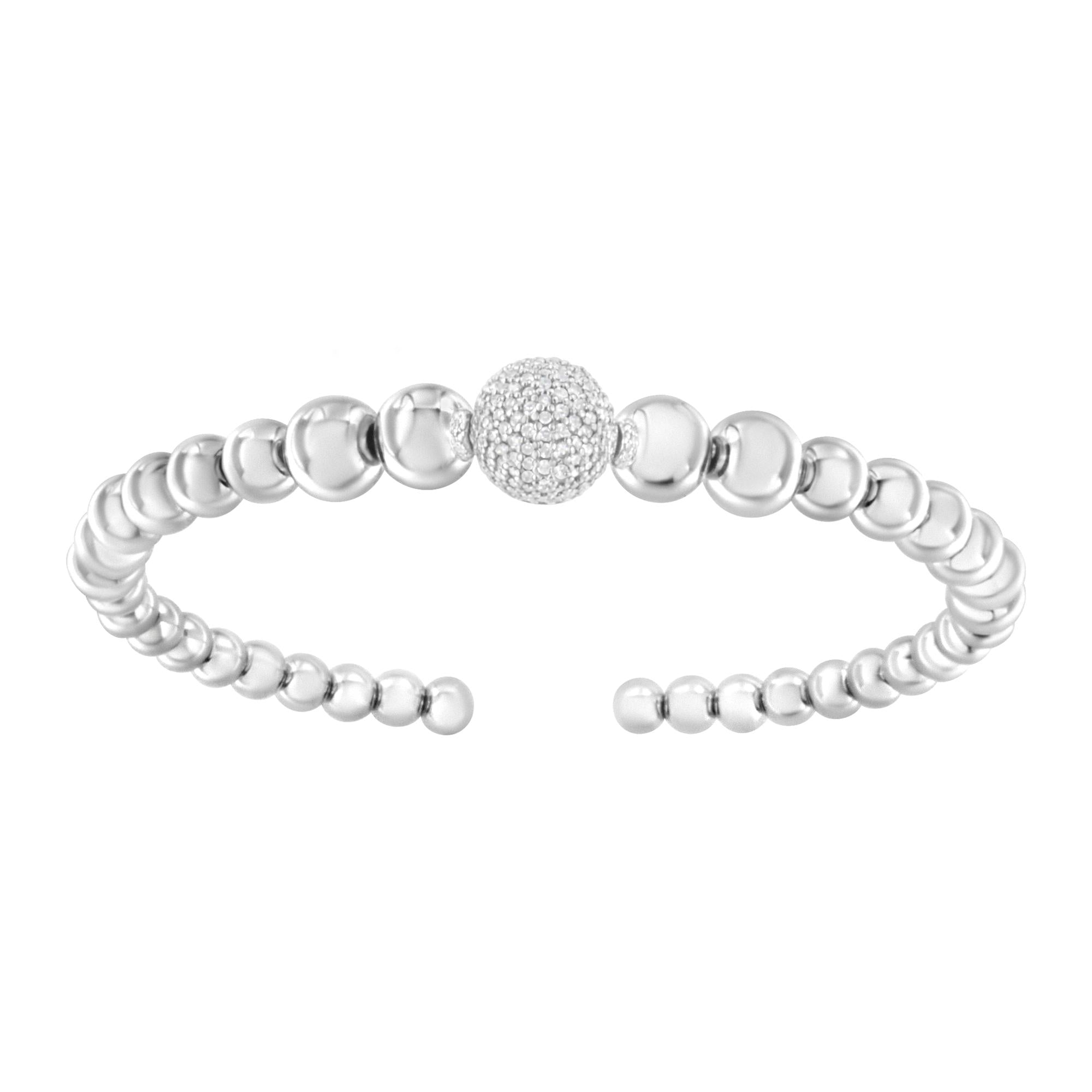 .925 Sterling Silver 1/6 Cttw Diamond Rondelle Graduated Ball Bead Cuff Bangle Bracelet (I-J color, I2-I3 clarity) - Fits wrists up to 7 1/2 inches - Friggin Jewelry