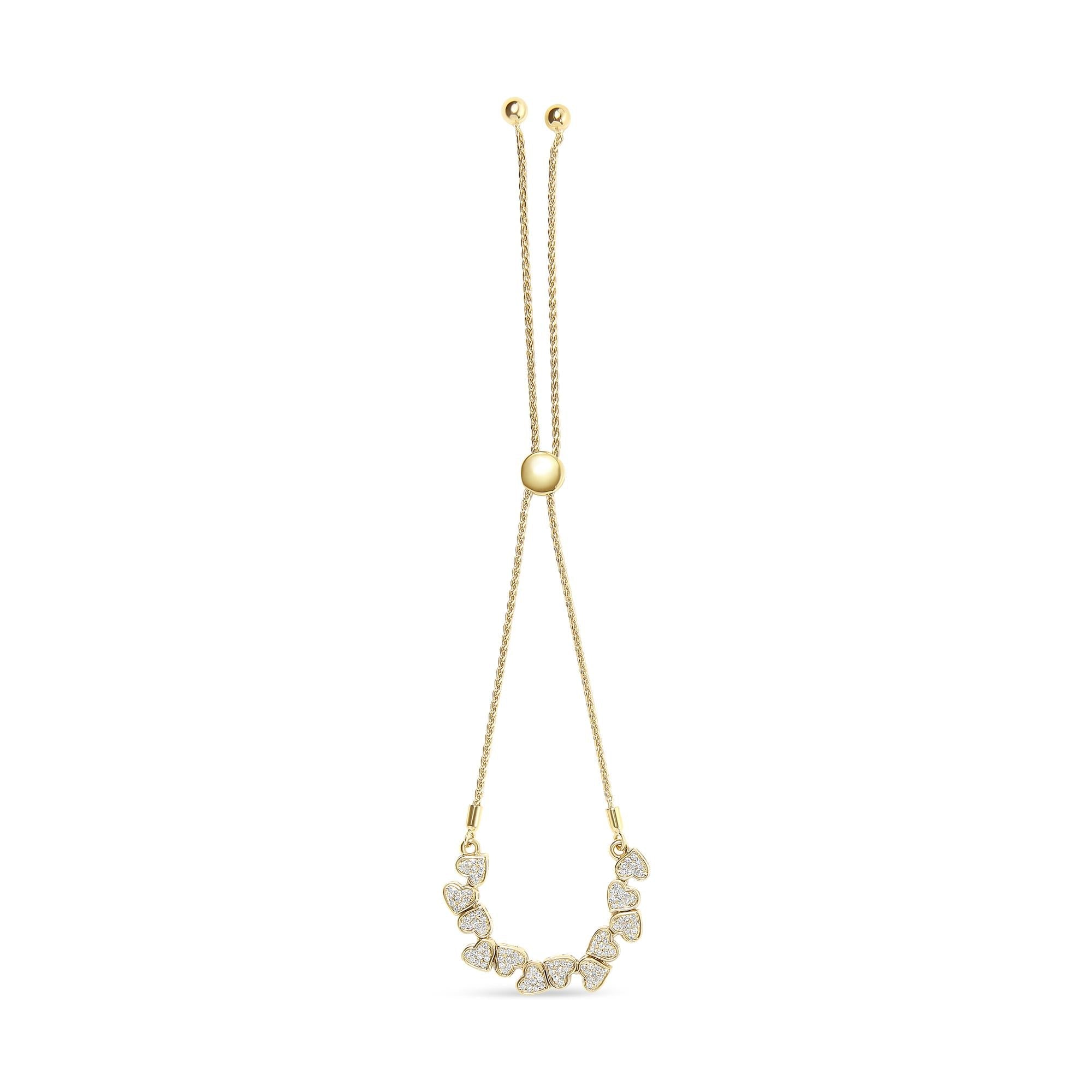 Yellow Gold Plated .925 Sterling Silver 1/2 Cttw Diamond Sideways Hearts Bolo Bracelet (H-I Color, I1-I2 Clarity) - 4”-10” Adjustable - Friggin Jewelry