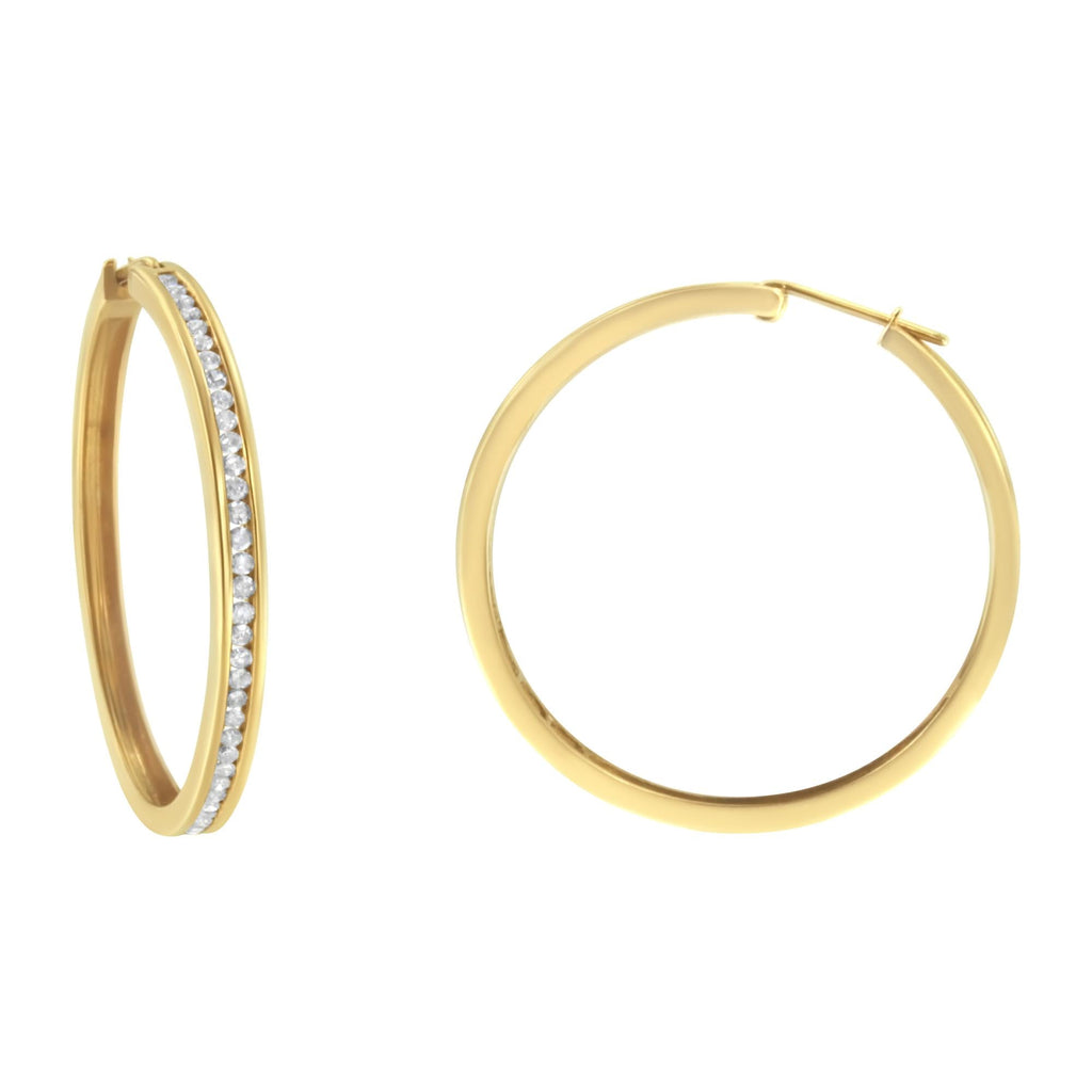 14K Yellow Gold 1.0 Cttw Round Brilliant Cut Diamond Channel Set Circle Hoop Earrings (I-J Color, I1-I2 Clarity) - Friggin Jewelry