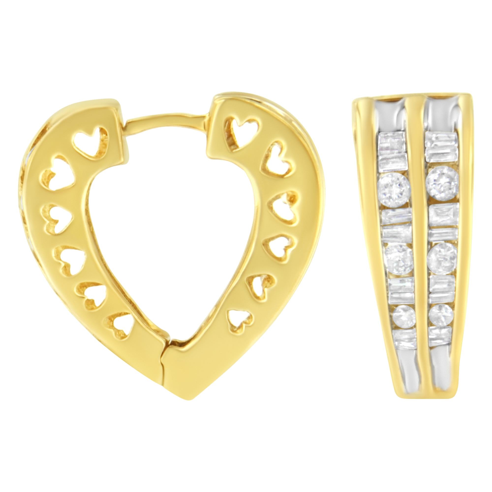 14K Yellow and White Gold 1.0 Cttw Channel Set Round and Baguette Diamond Multi Row Huggy Hoop Earrings (I-J Color, I2-I3 Clarity) - Friggin Jewelry