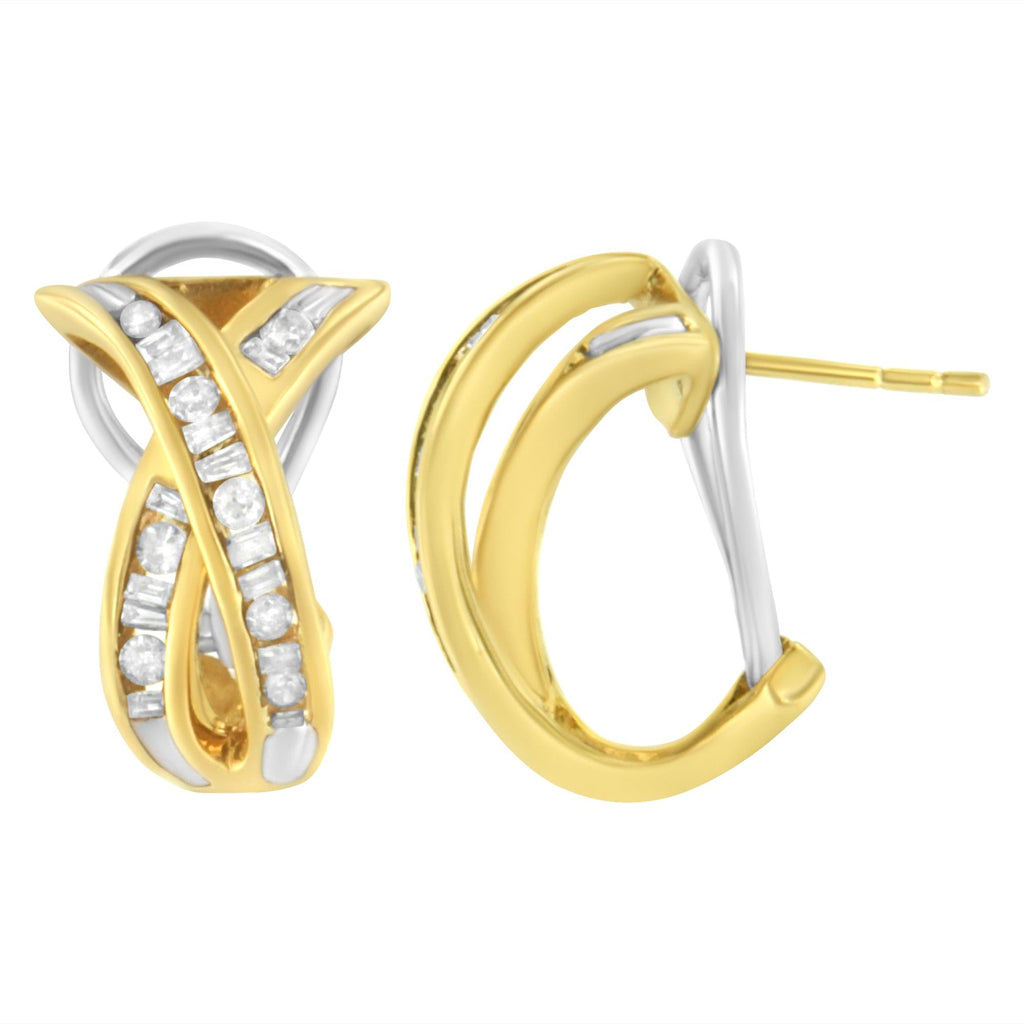 Orecchini a cerchio con diamanti a forma di "X" incrociati in oro giallo e bianco 14K da 1/2 TDW (IJ, I2-I3) - Friggin Jewelry