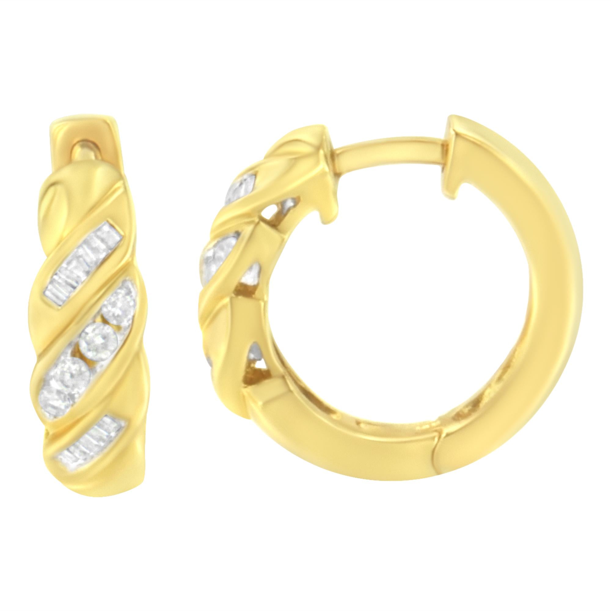 14K Yellow Gold 1/4 ct TDW Alternating 3 Row Baguette & Round Brilliant-Cut Diamond Huggy Hoop Earrings (H-I, I2-I3) - Friggin Jewelry