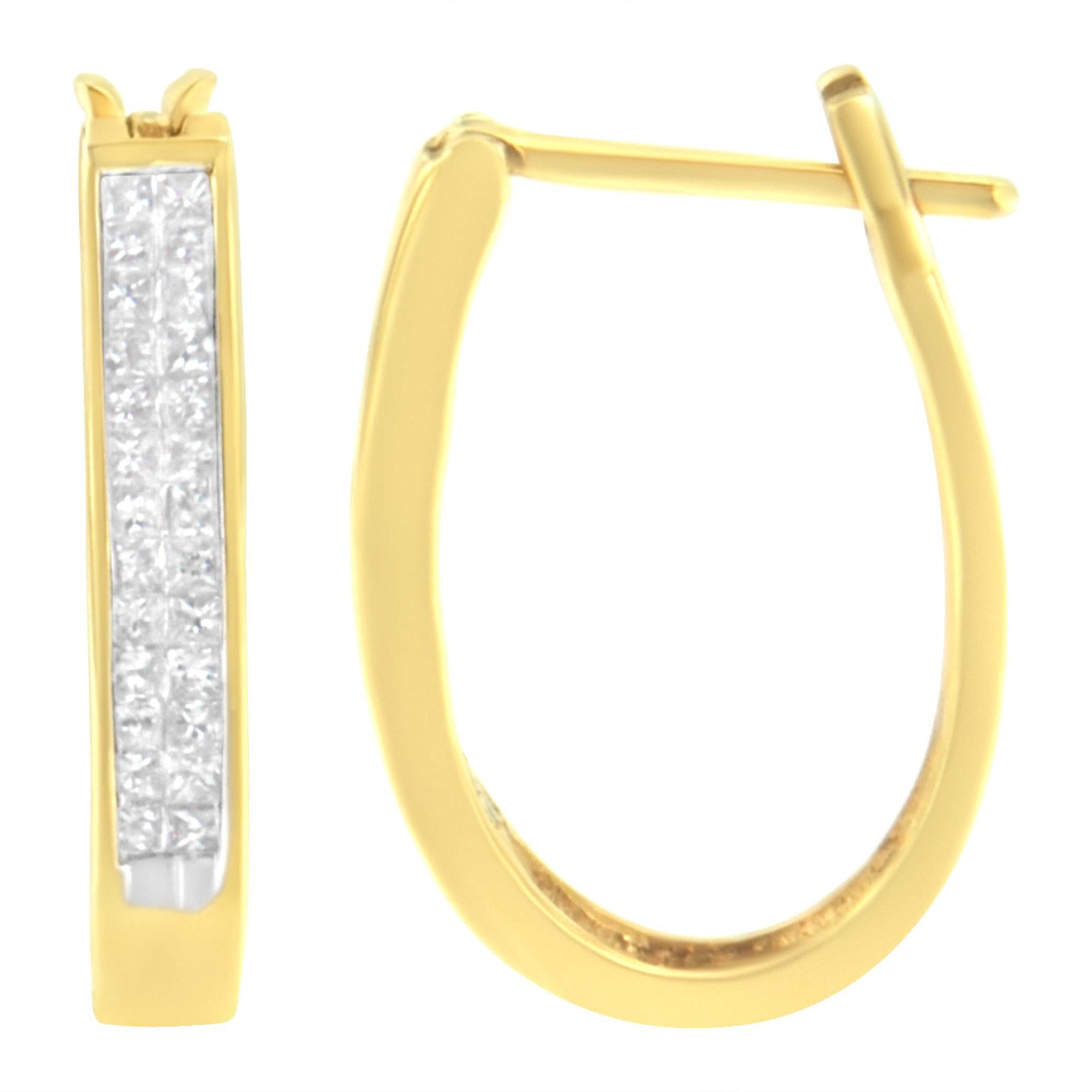 Orecchini a cerchio in oro giallo 10 carati con diamanti taglio principessa da 1/2 carati incastonati in modo invisibile (colore HI, purezza SI2-I1) - Friggin Jewelry