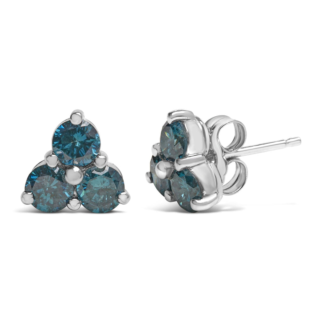 Aretes tipo botón con trío de diamantes azules tratados en oro blanco de 14 kt (1 1/3 ct, azules) - Friggin Jewelry