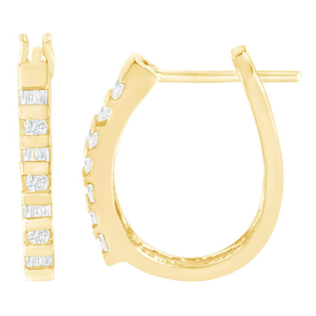 Orecchini a cerchio oblungo con chiusura a leva in oro giallo 10 carati con diamanti taglio rotondo e baguette (¼ ct, colore IJ, purezza I2-I3) - Friggin Jewelry