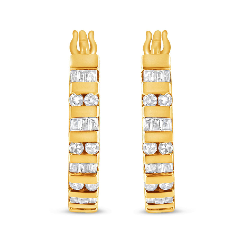 10K Gold Round and Baguette-Cut Diamond Hoop Earrings (I-J Color, I2-I3 Clarity) - Friggin Jewelry Premium
