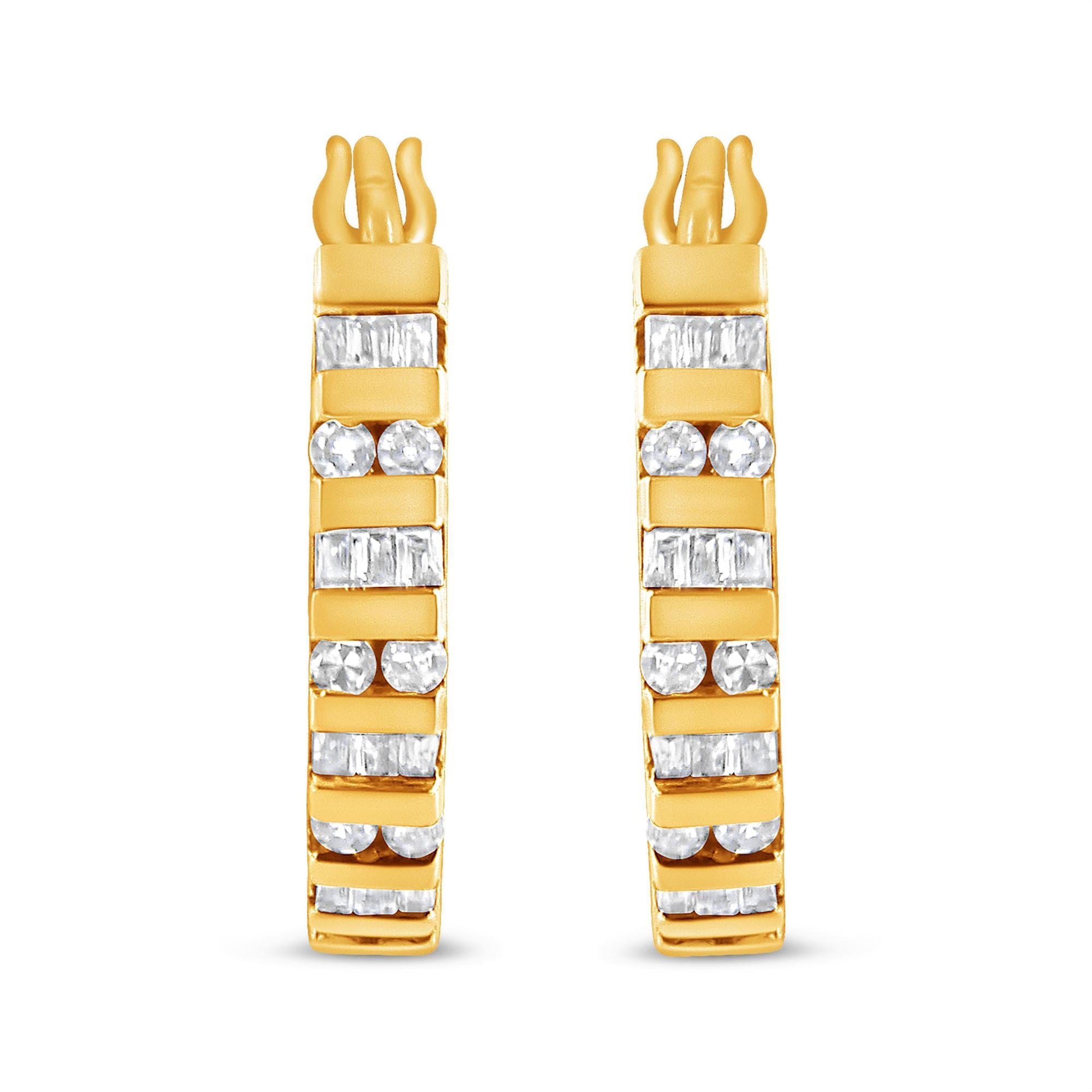 10K Gold Round and Baguette-Cut Diamond Hoop Earrings (I-J Color, I2-I3 Clarity) - Friggin Jewelry Premium