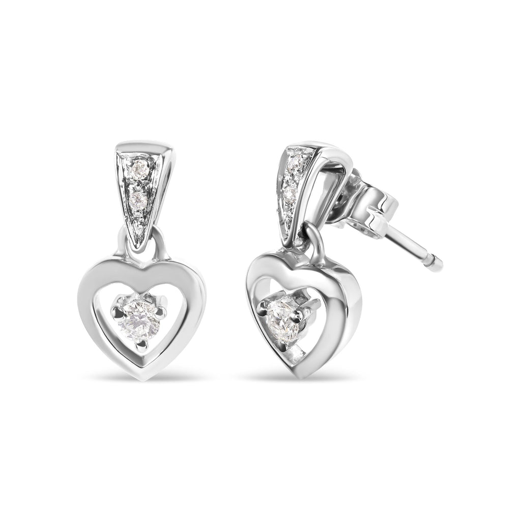 Pendientes colgantes de corazón con diamantes de 1/6 quilates en oro blanco de 14 quilates (HI, SI2-I1) - Friggin Jewelry