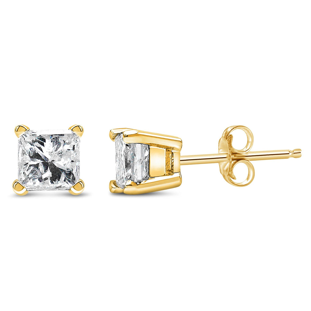 Aretes tipo botón con diamantes solitarios de talla princesa engastados en oro amarillo de 14 k con certificación IGI de 1/2 ct y 4 puntas (color MN, claridad SI2-I1) - Friggin Jewelry