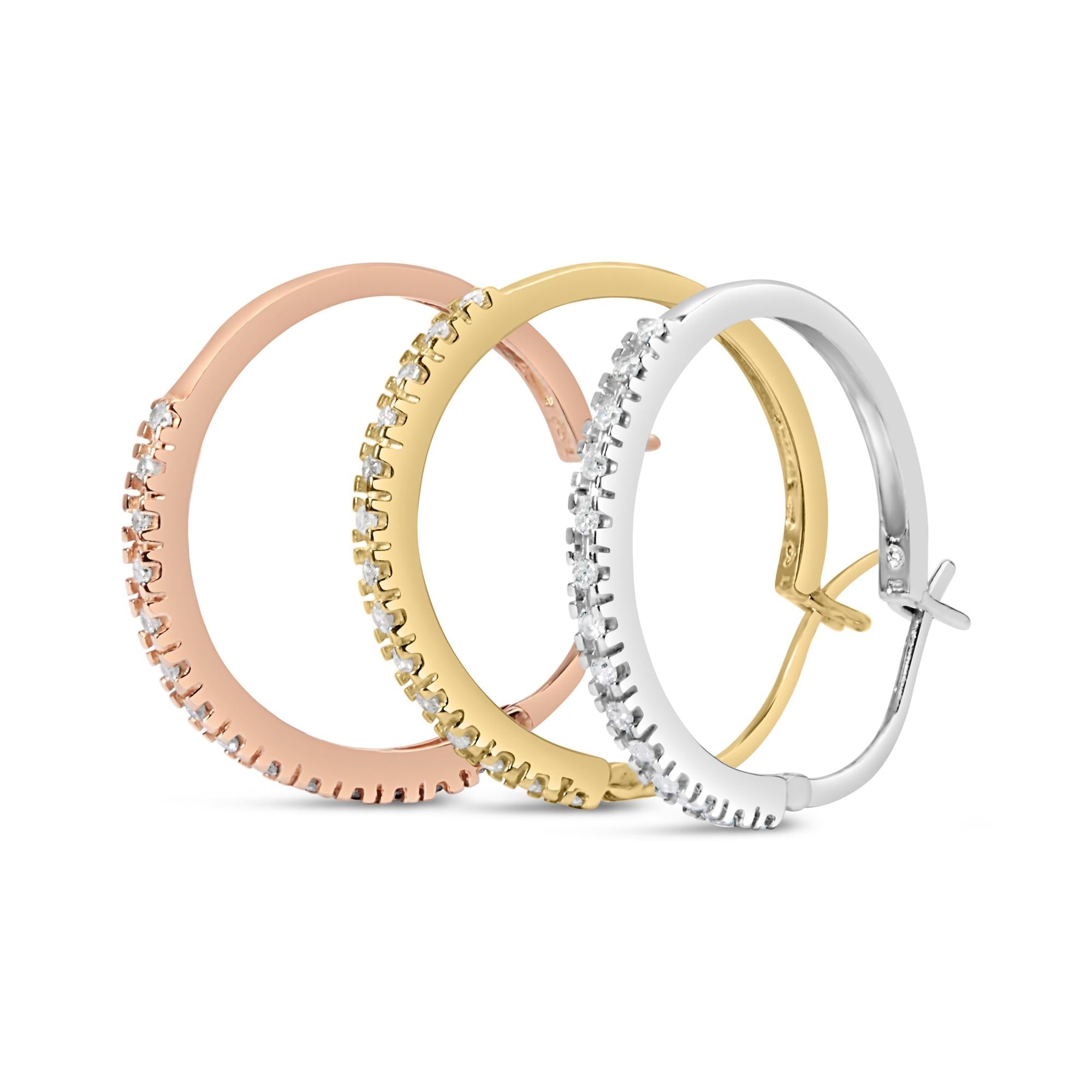Orecchini a cerchio triplo in oro tricolore 14K con diamanti da 1/3 carati (colore IJ, purezza I2-I3) - 22 mm - Friggin Jewelry