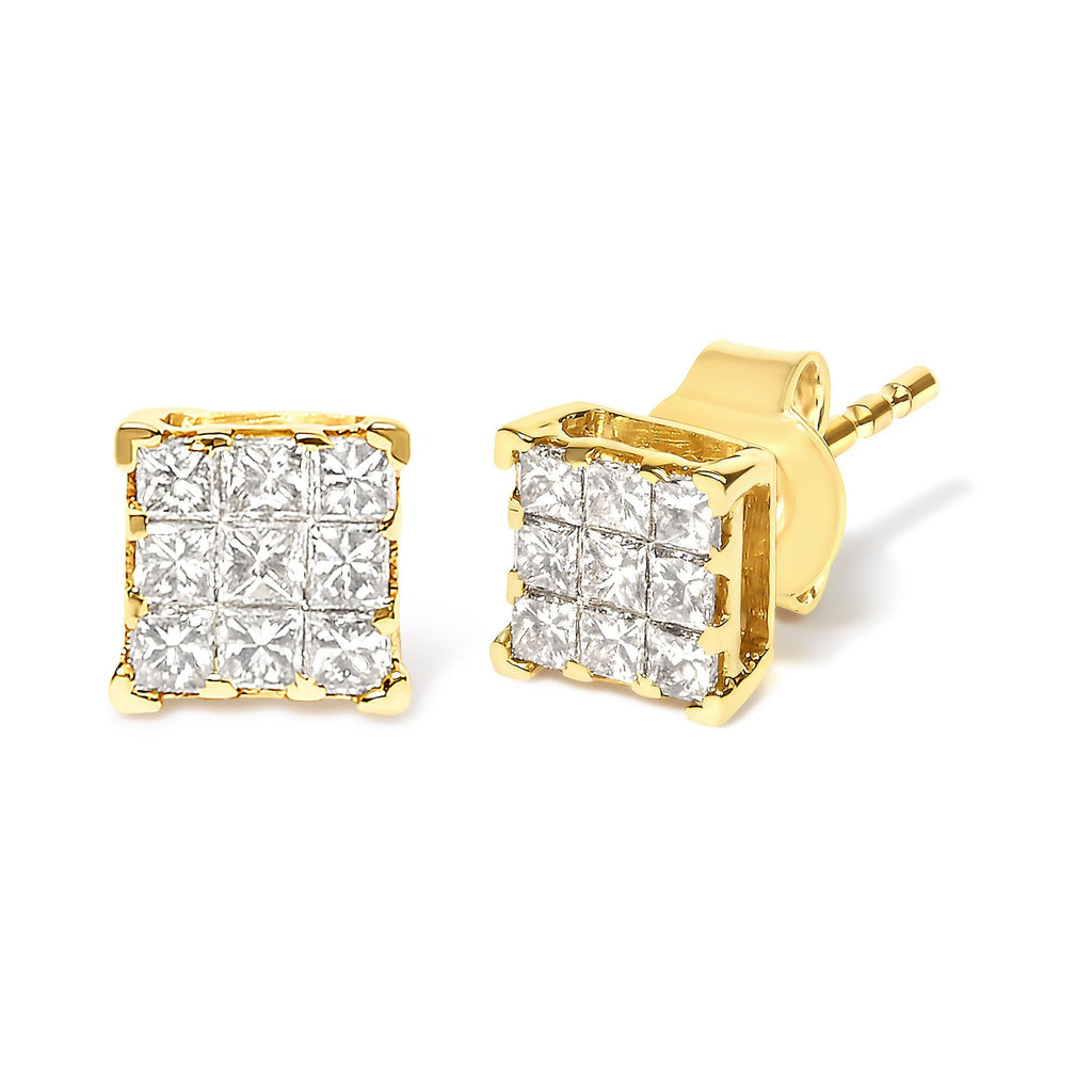 Aretes de oro amarillo de 14 quilates con diamantes de talla princesa de 1/2 ct y 9 piedras cuadradas engastadas invisibles (color JK, claridad SI2-I1) - Friggin Jewelry