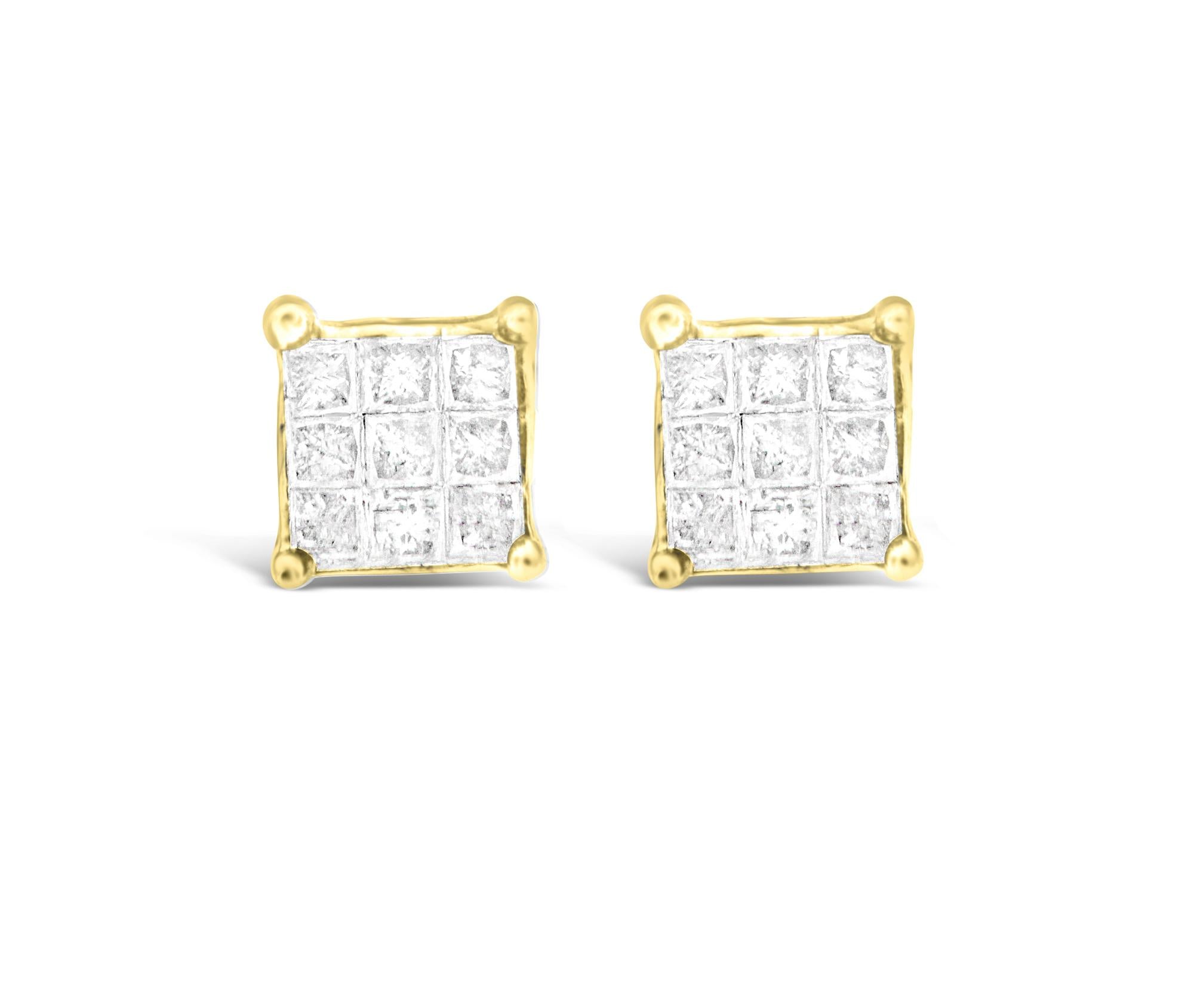 10K Yellow Gold Princess-cut Composite 18-stone Diamond Earrings (0.25 CTTW, J-K color, I2-I3 clarity) - Friggin Jewelry