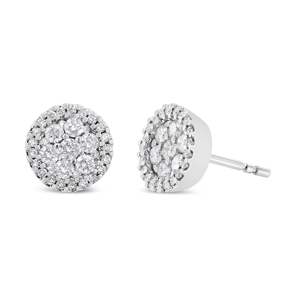 14K White Gold 1.0 Cttw Brilliant-Cut Diamond Halo-Style Cluster Round Button Stud Earrings (H-I Color, I1-I2 Clarity) - Friggin Jewelry Premium