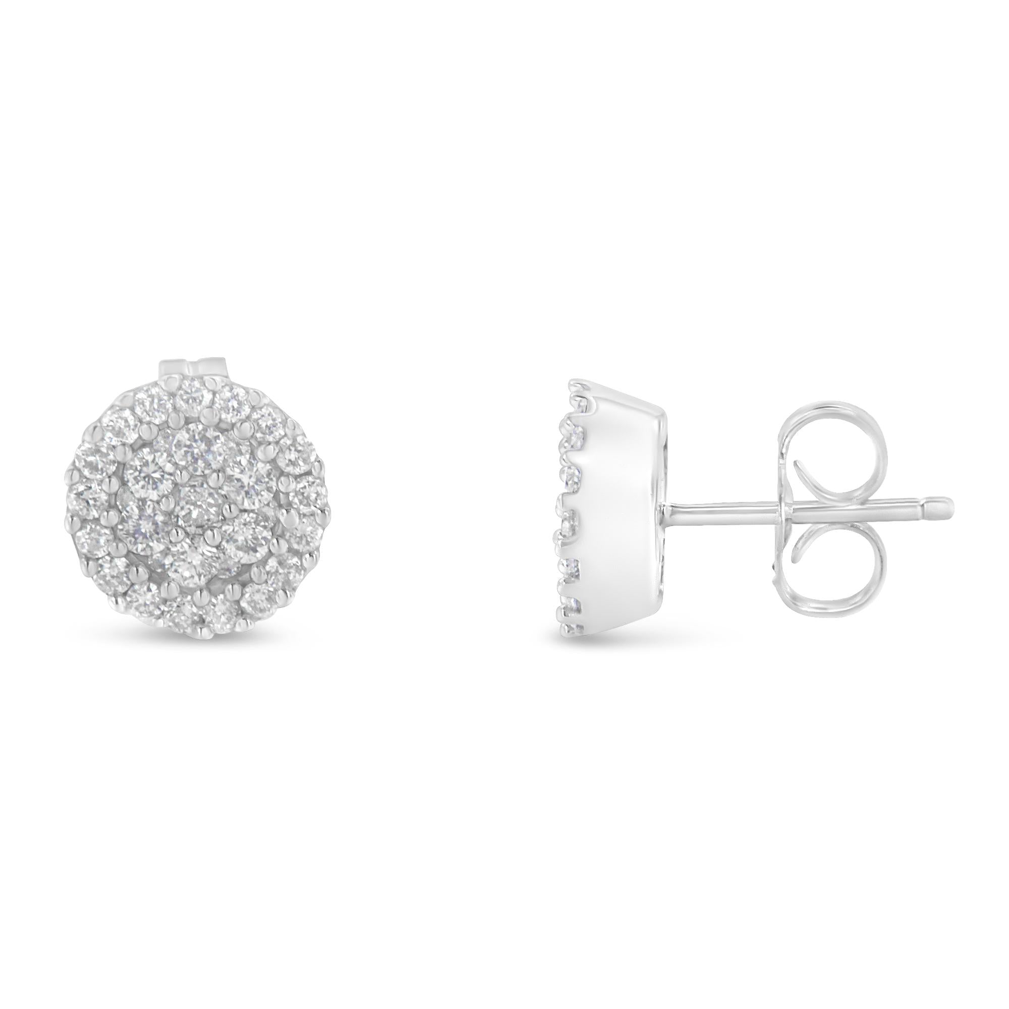 14K White Gold 1/2 Cttw Brilliant-Cut Diamond Halo-Style Cluster Round Button Stud Earrings (H-I Color, I1-I2 Clarity) - Friggin Jewelry