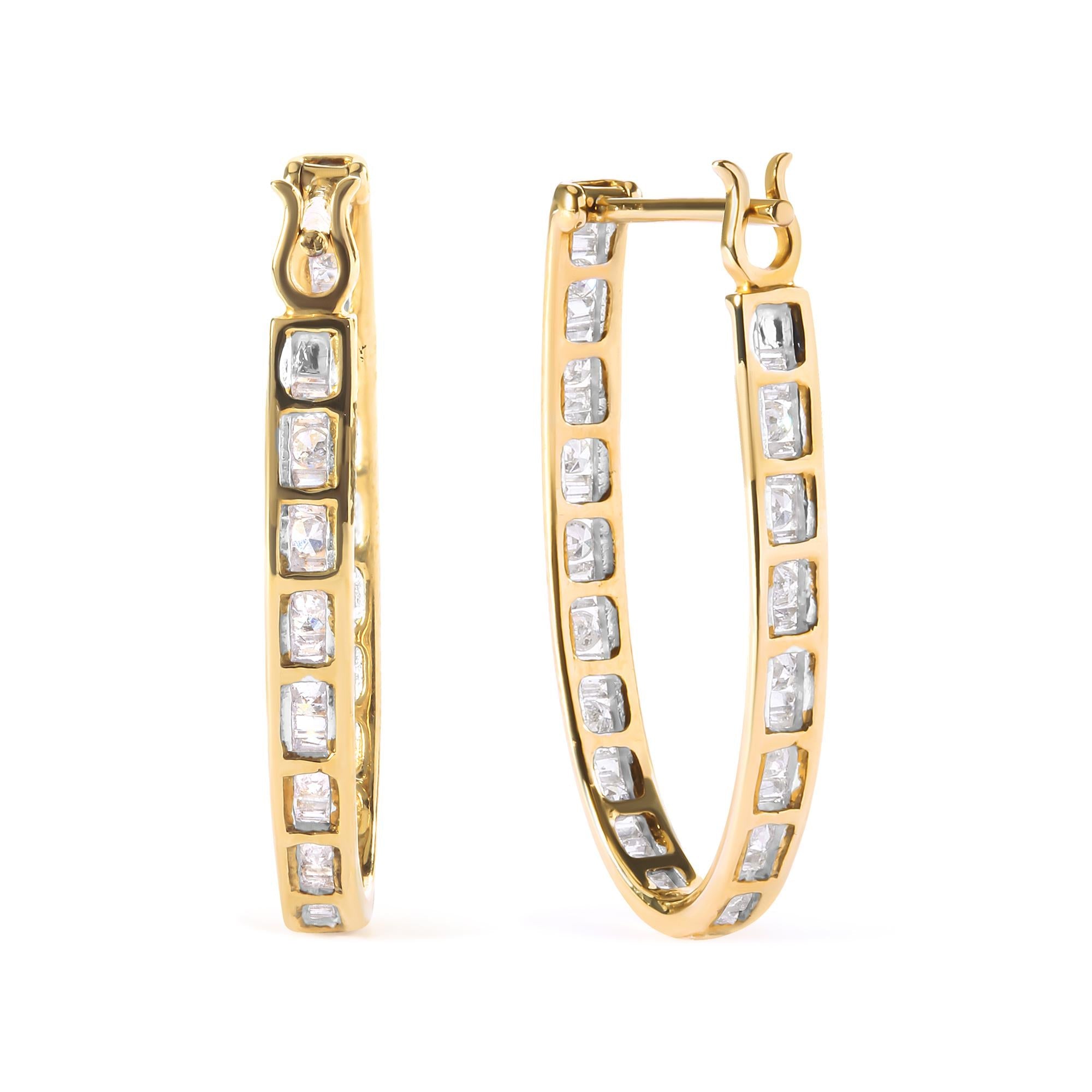 Orecchini a cerchio a U in oro giallo 10 carati con diamanti taglio baguette e taglio rotondo da 1,00 ct (colore HI, purezza SI2-I1) - Friggin Jewelry