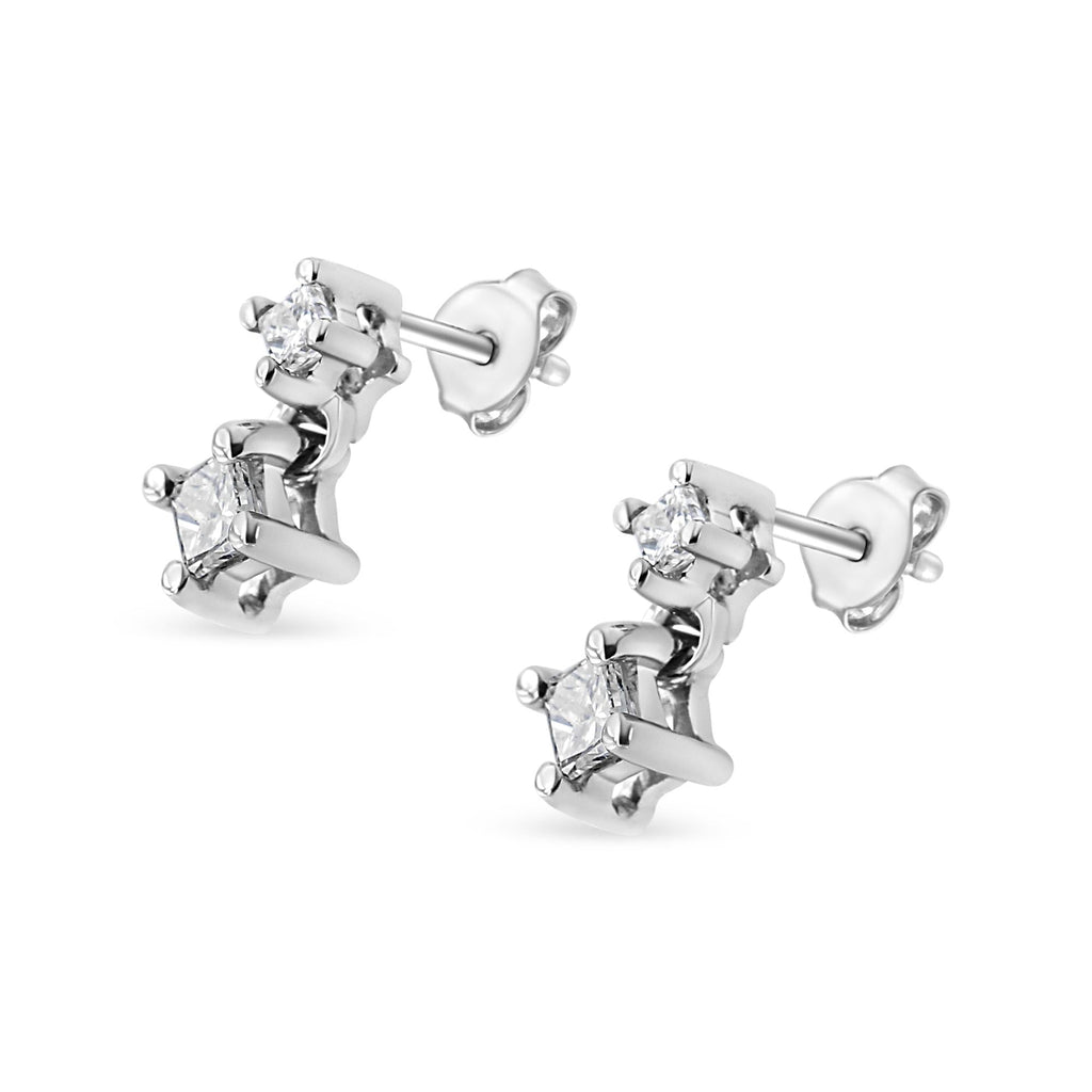 14K White Gold 1/4 Cttw 4 Prong Set Princess-Cut Double Diamond Drop and Dangle Stud Earrings (I-J Color, I2-I3 Clarity) - Friggin Jewelry