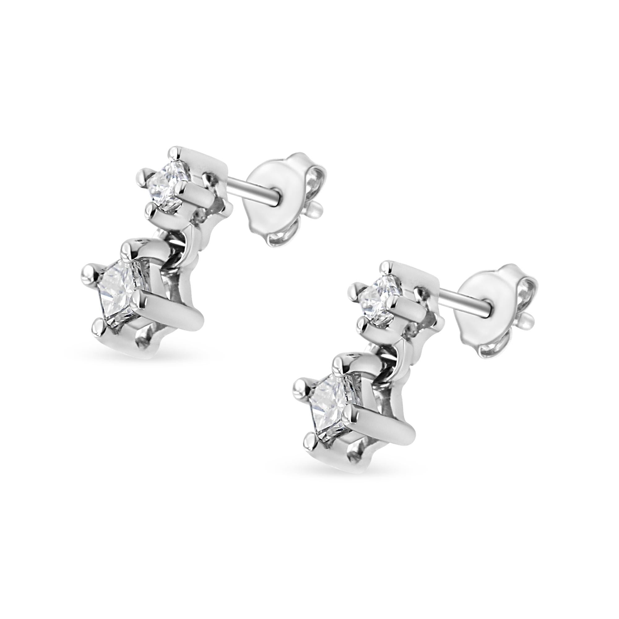 14K White Gold 1/4 Cttw 4 Prong Set Princess-Cut Double Diamond Drop and Dangle Stud Earrings (I-J Color, I2-I3 Clarity) - Friggin Jewelry