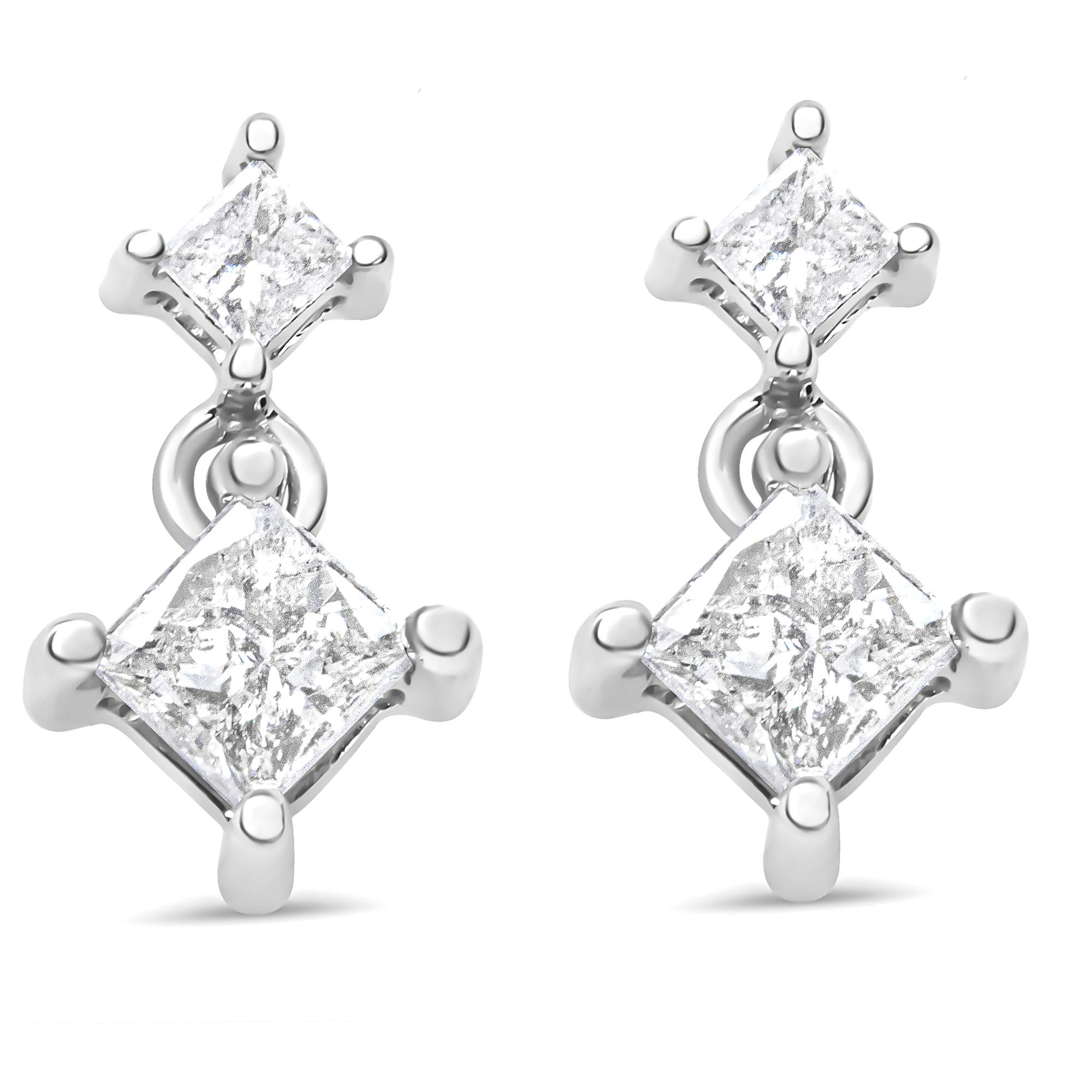 14K White Gold 3/8 Cttw Princess-Cut Diamond Double Dangle 2 Stone Stud Drop Earrings for Women (I-J Color, I2-I3 Clarity) - Friggin Jewelry
