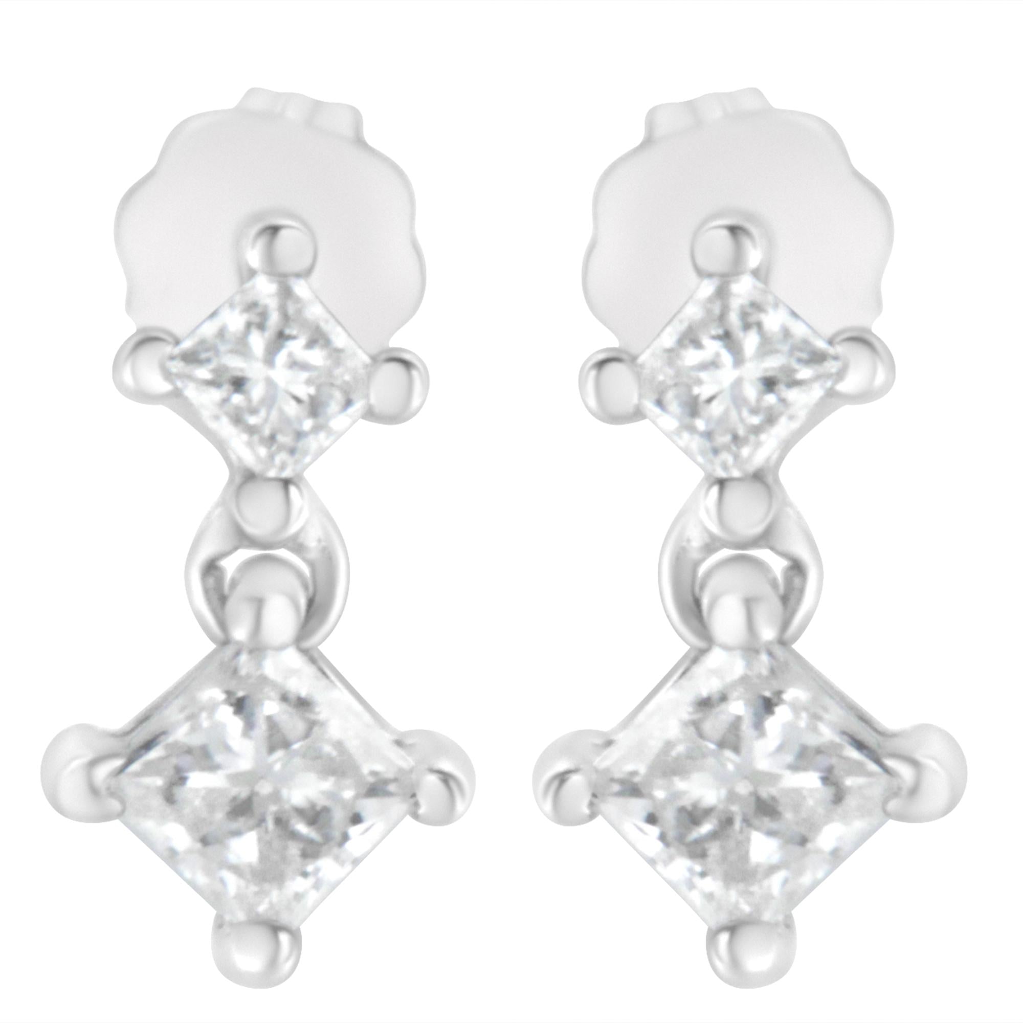 14K White Gold 3/4 cttw Double Diamond Princess-Cut Stud Earrings (I-J Clarity, I2-I3 Color) - Friggin Jewelry Premium