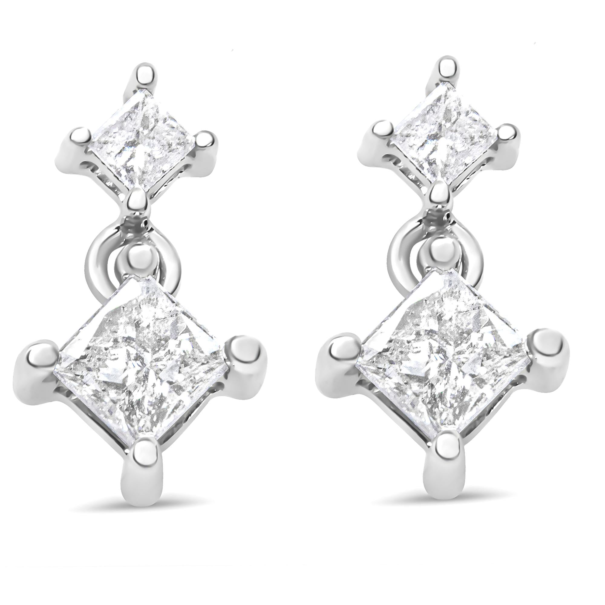 14K White Gold 1.0 Cttw Princess-Cut Double Diamond Drop Stud Earrings  for Women (H-I Color, I1-I2 Clarity) - Friggin Jewelry