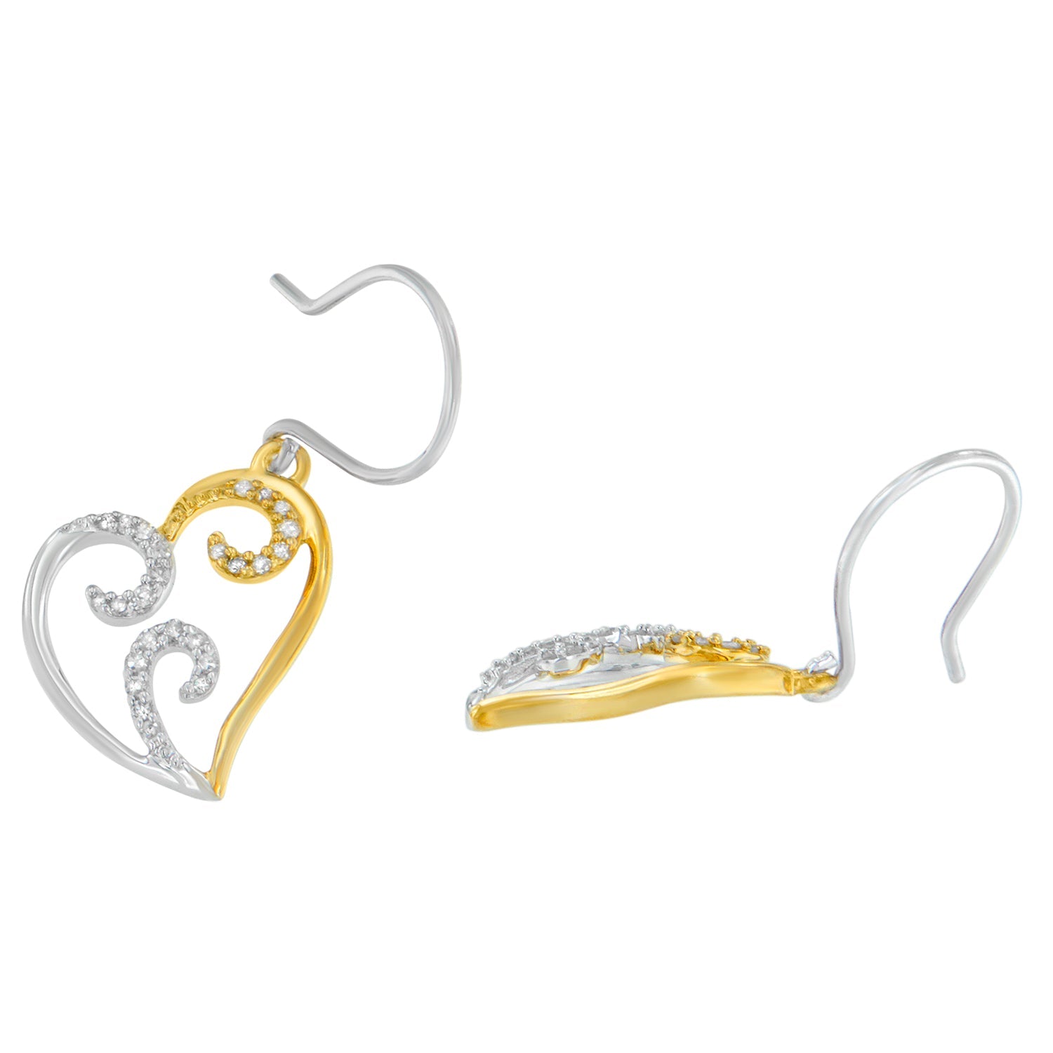 10K Two-tone Gold Round Diamond Heart Dangle Earrings (1/4 cttw, I-J Color, I2-I3 Clarity) - Friggin Jewelry