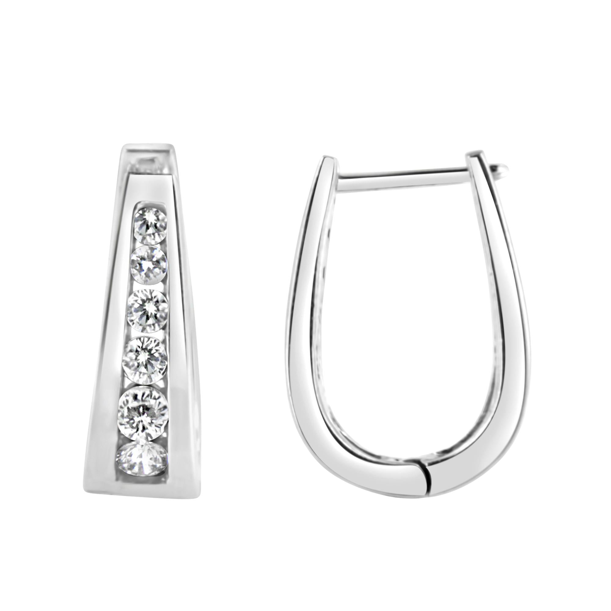 14k White Gold Channel-Set Brilliant Round-Cut Diamond Hoop Earrings (I-J Color, I2-I3 Clarity) - Friggin Jewelry Premium