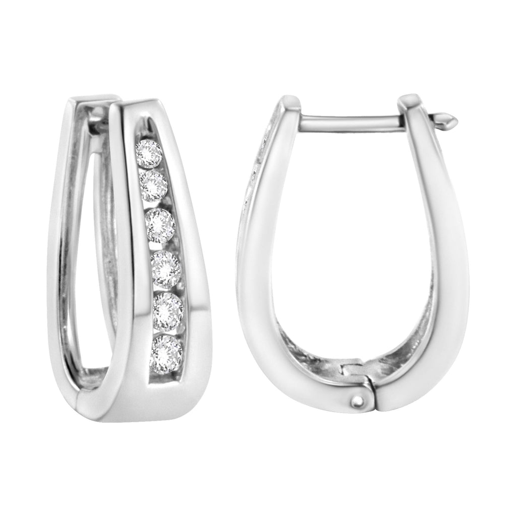 14k White Gold Channel-Set Brilliant Round-Cut Diamond Hoop Earrings (I-J Color, I2-I3 Clarity) - Friggin Jewelry Premium