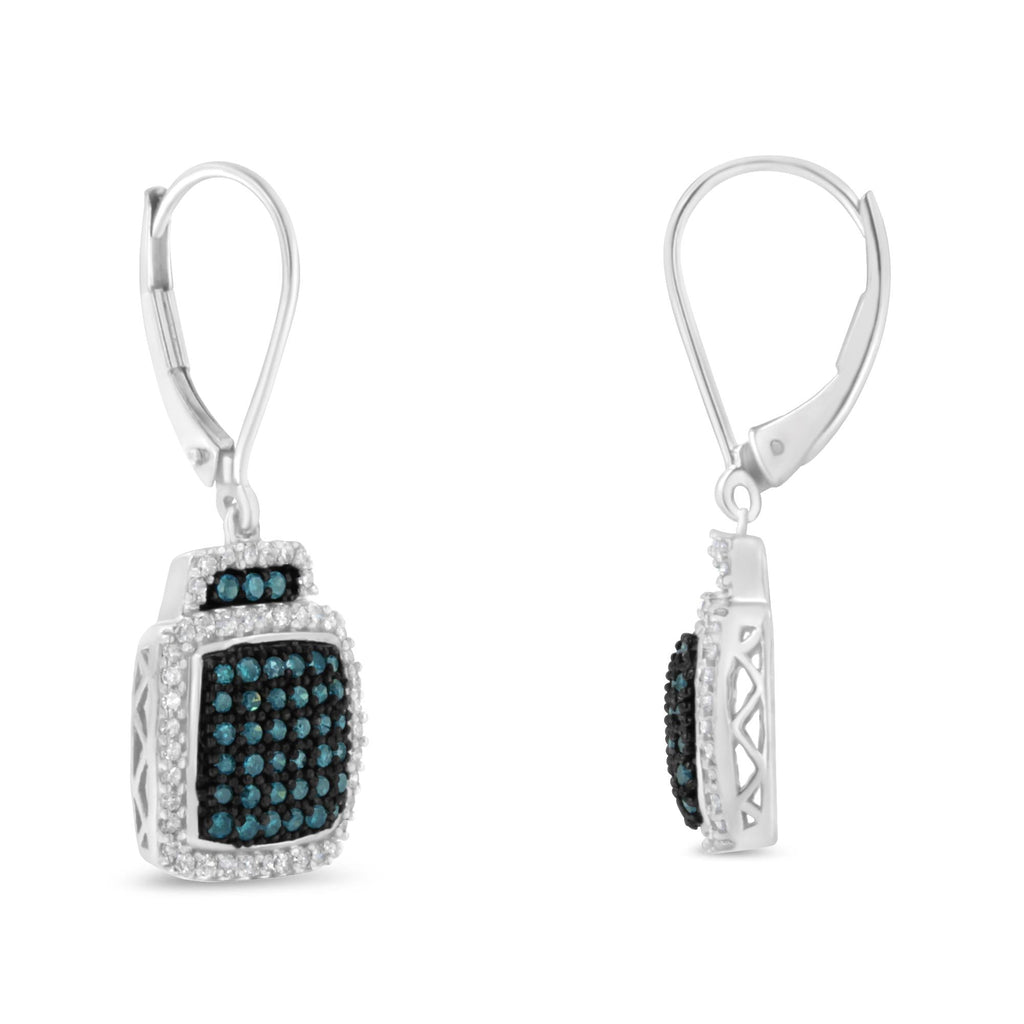 Black Rhodium over .925 Sterling Silver ¾ Cttw Blue and White Diamond Cushion Shaped Dangle Earrings (Enhanced Blue & I-J Color, I2-I3 Clarity) - Friggin Jewelry
