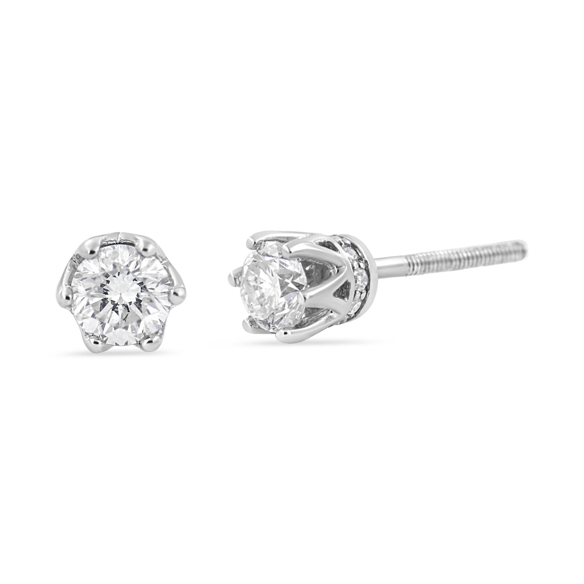 Aretes tipo corona de 6 puntas con diamantes redondos de 1/2 quilates en oro blanco de 14 quilates (color IJ, claridad I1-I2) - Friggin Jewelry