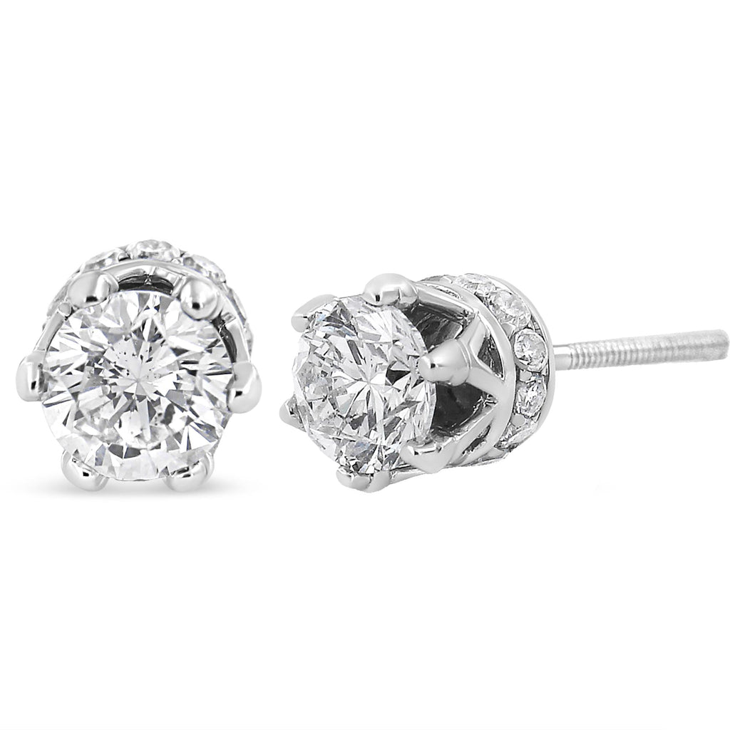Aretes de oro blanco de 14 quilates con corona de diamantes de talla redonda de 1,0 quilates y engaste en garra (color IJ, claridad I1-I2) - Friggin Jewelry