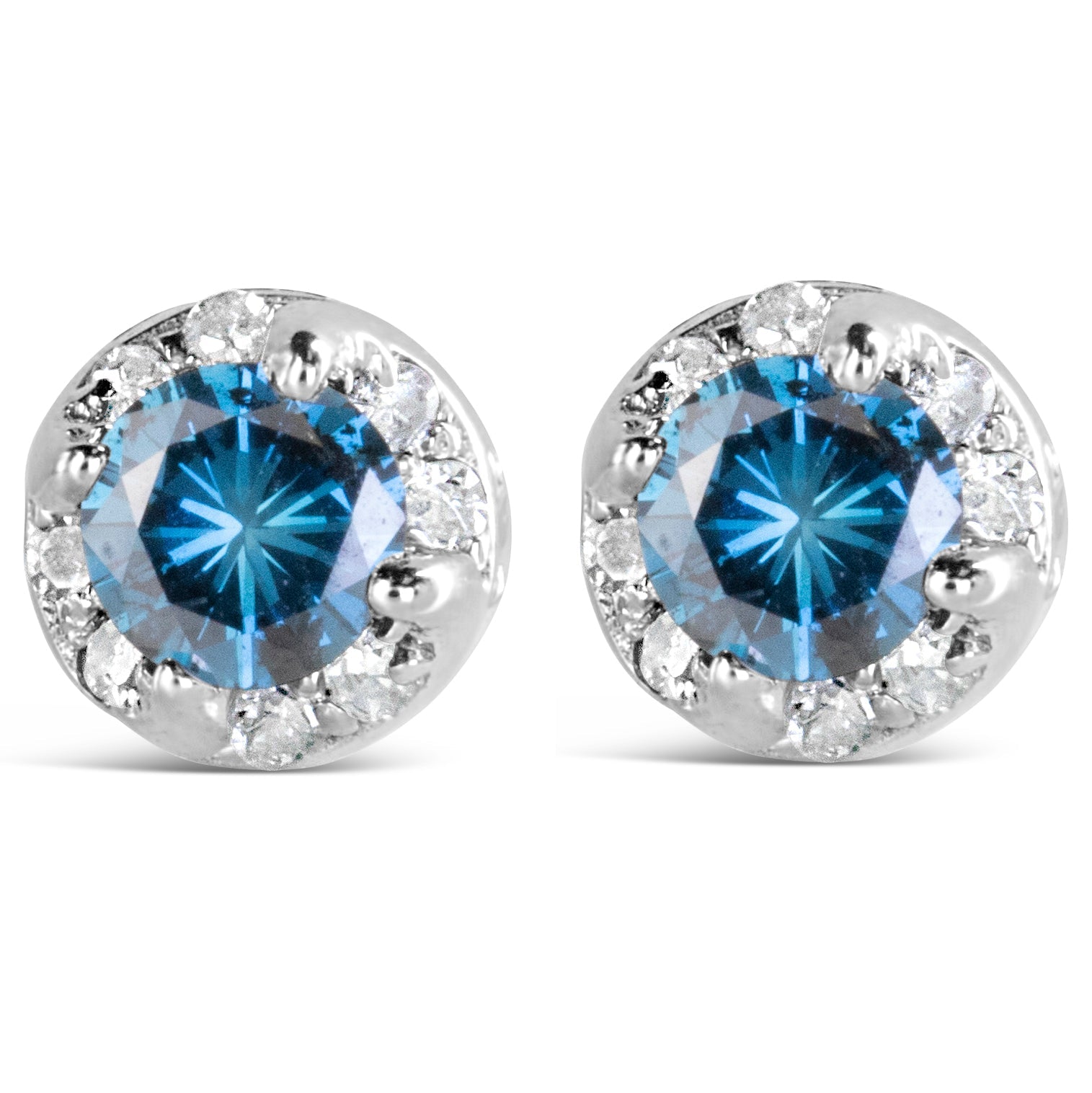 Aretes de oro blanco de 14 quilates con halo oculto de diamantes azules y blancos tratados de 1,00 quilates (color azul/IJ, claridad I2-I3) - Friggin Jewelry