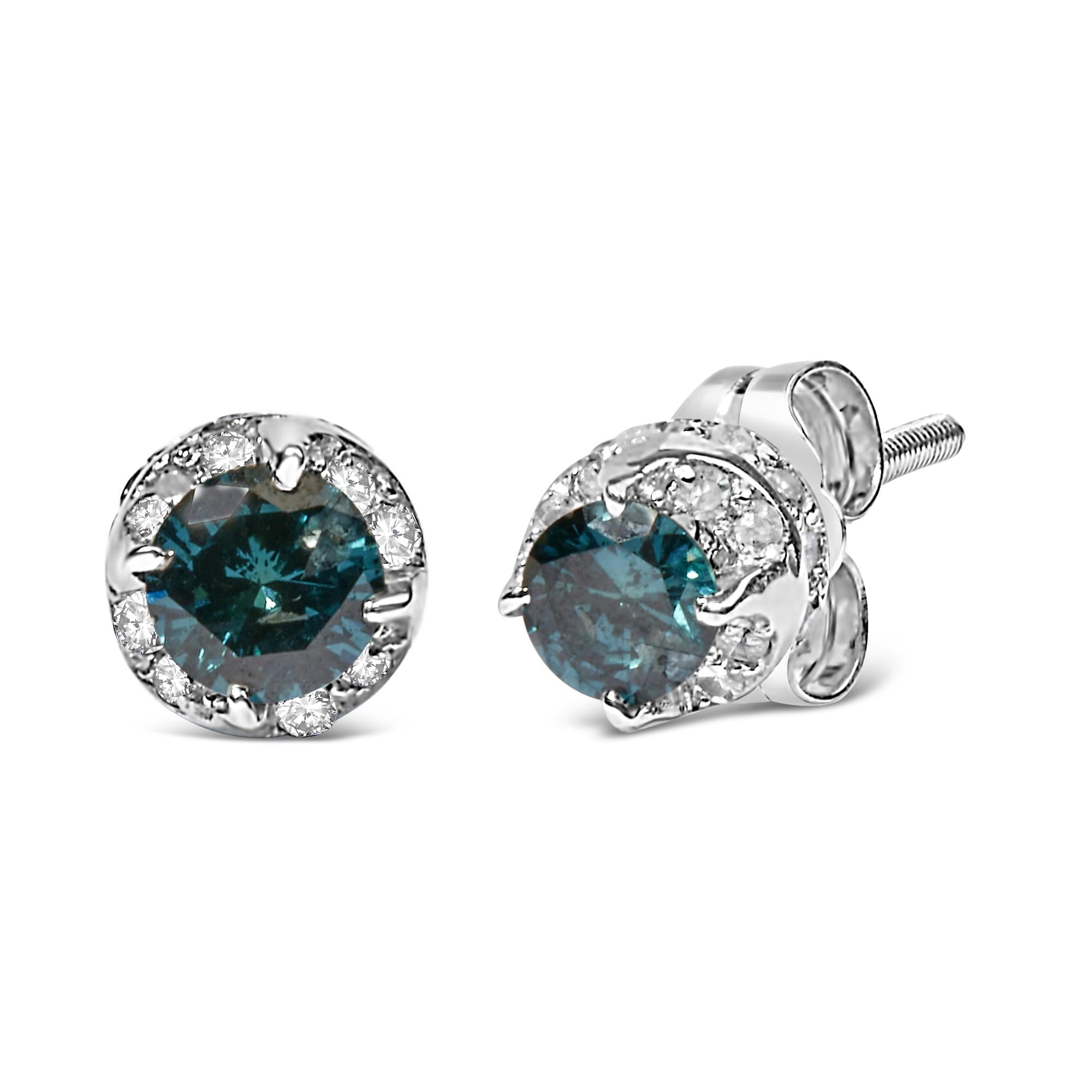 Orecchini in oro bianco 14 carati con diamanti rotondi bianchi e blu trattati da 1/2 ct (IJ I2-I3) - Friggin Jewelry