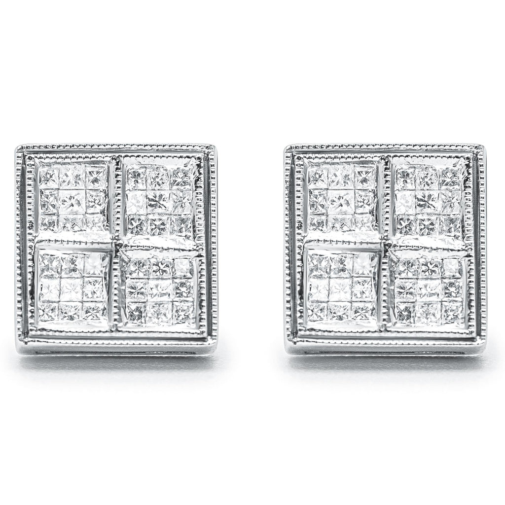 Aretes de oro blanco de 14 quilates con diamante princesa de 1/2 ct y forma de caja milgrain (color HI, claridad SI1-SI2) - Friggin Jewelry