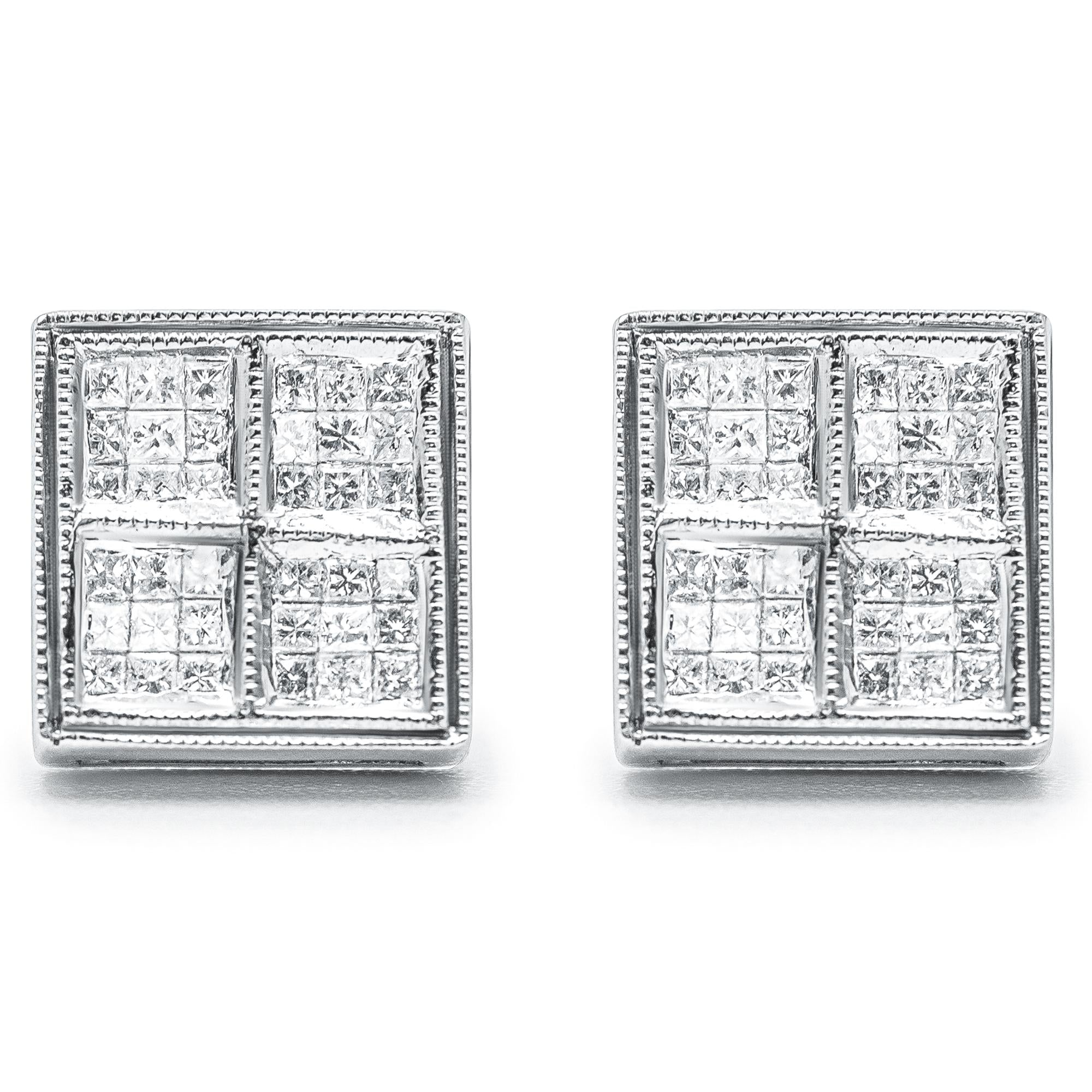 Aretes de oro blanco de 14 quilates con diamante princesa de 1/2 ct y forma de caja milgrain (color HI, claridad SI1-SI2) - Friggin Jewelry