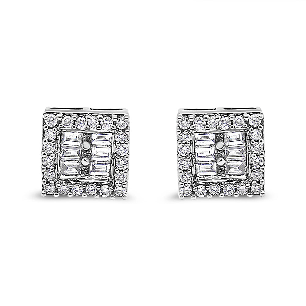 Aretes de oro blanco de 14 quilates con diamantes redondos y baguette de 1 ct (HI, SI1-SI2) - Friggin Jewelry