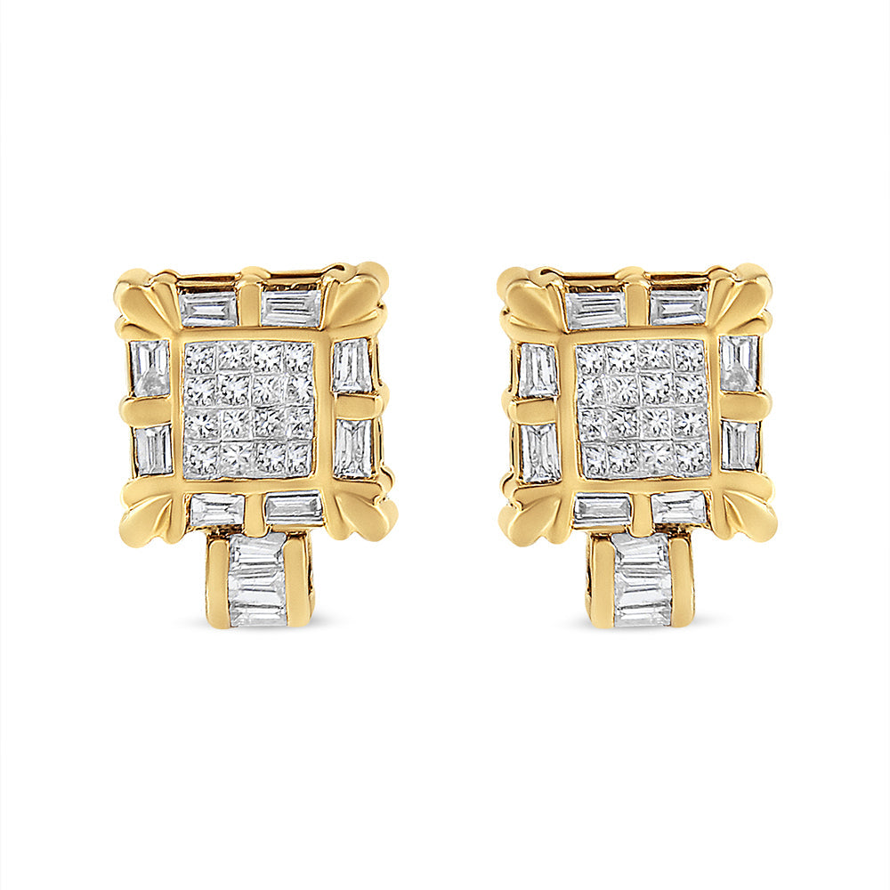 14K Yellow Gold 7/8 Cttw Princess and Baguette-Cut Diamond Square Framed Huggie Hoop Omega Earrings (H-I Color, SI1-SI2 Clarity) - Friggin Jewelry