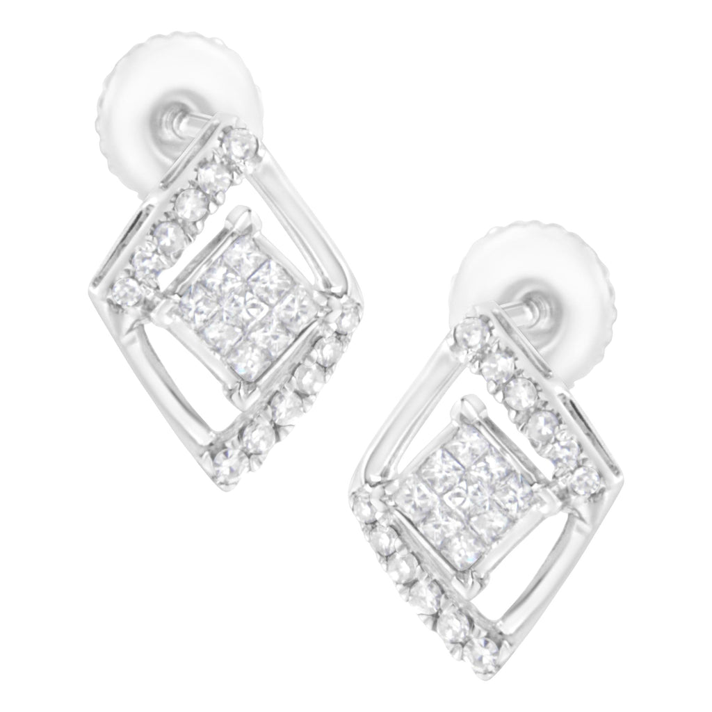 Orecchini a bottone in oro bianco 10 carati con doppio triangolo composito e diamanti taglio principessa da 1/3 ct (colore HI, purezza SI1-SI2) - Friggin Jewelry