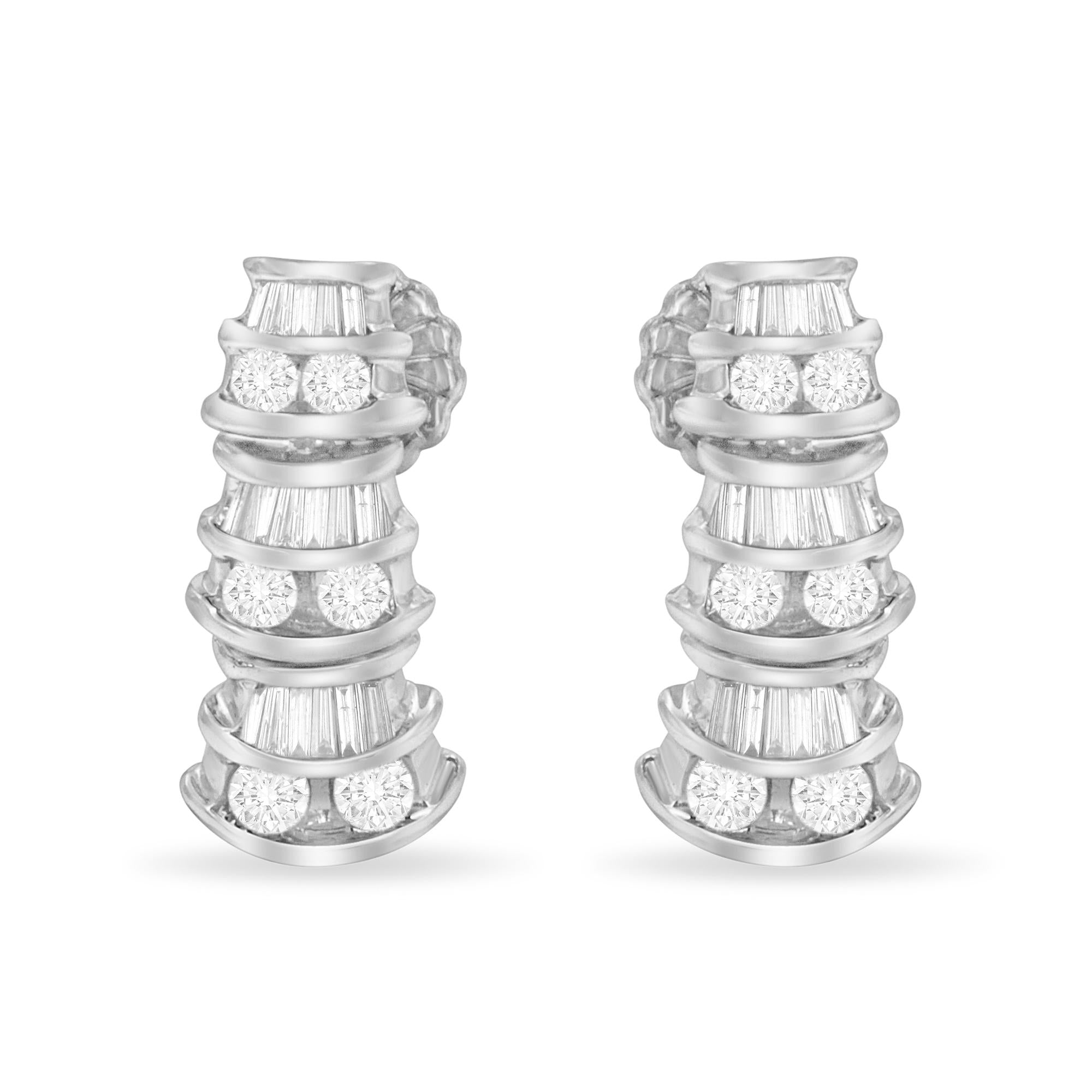 14KT White Gold 7/8 cttw Bagutte & Round Brilliant-Cut Diamond Dangle Multi Row Earrings (H-I, SI2-I1) - Friggin Jewelry
