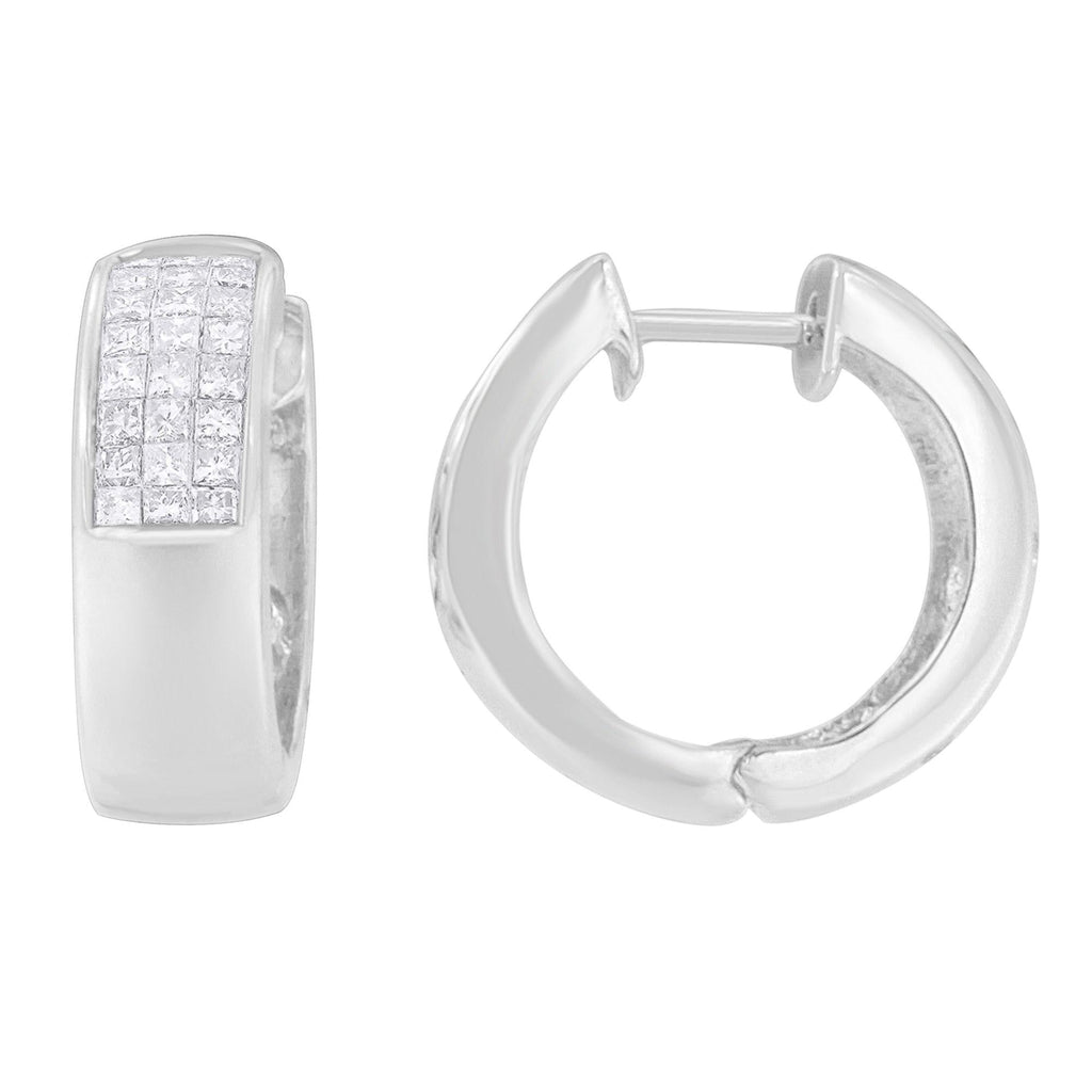 14K White Gold 1 1/8 cttw Princess and Round Cut Diamond Huggie Earrings (H-I, VS1-VS2) - Friggin Jewelry
