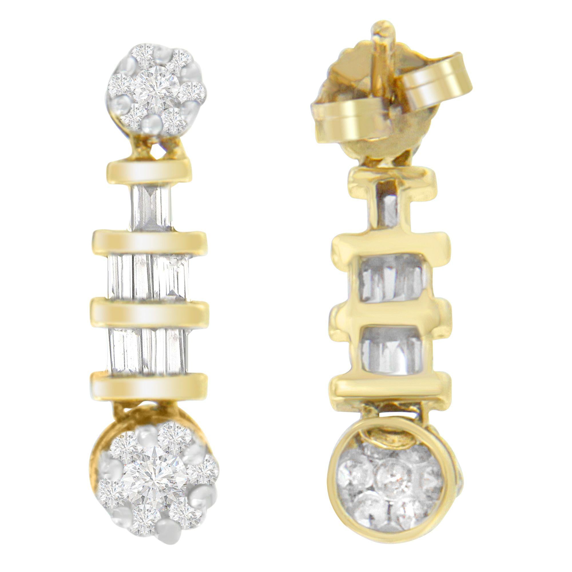 14K Yellow Gold 3/4ct. TDW Round and Baguette-cut Diamond Earrings(H-I,SI1-SI2) - Friggin Jewelry