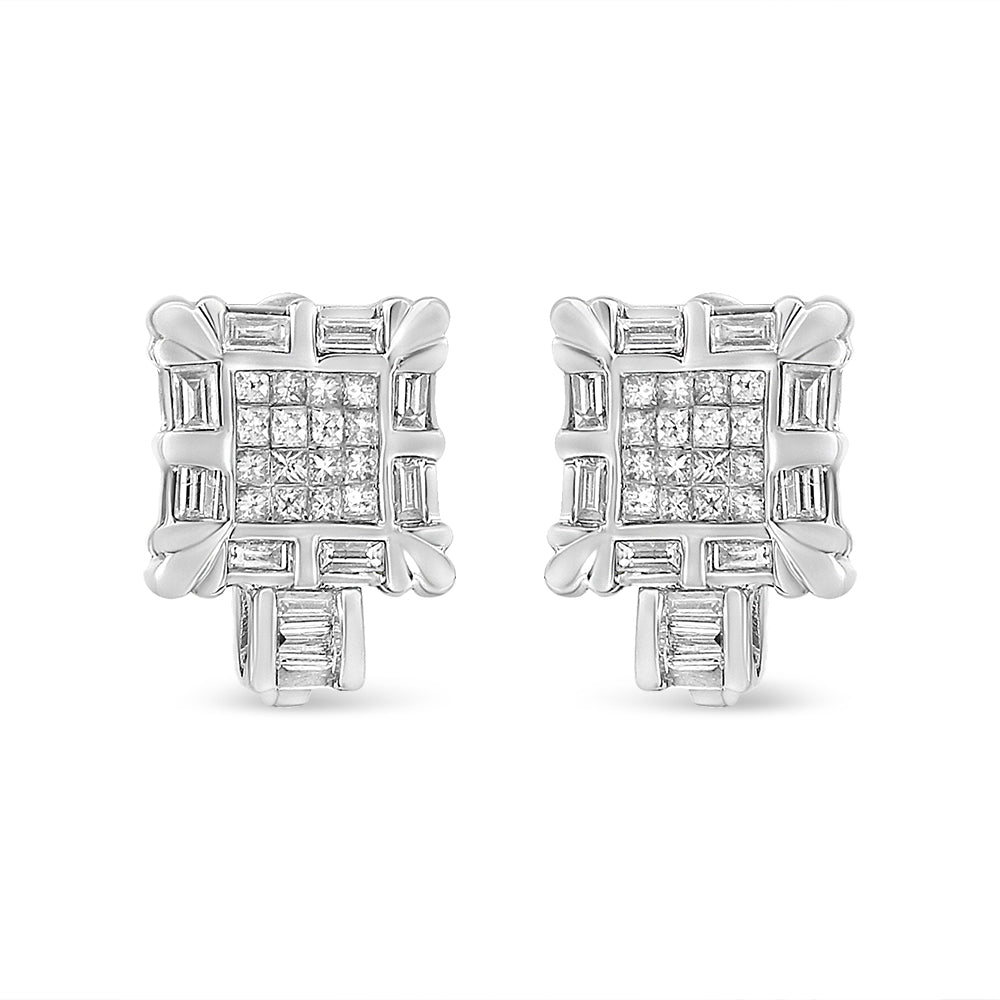 14K White Gold 1.0 Cttw Princess and Baguette-Cut Diamond Square Framed Huggie Hoop Omega Earrings (H-I Color, SI1-SI2 Clarity) - Friggin Jewelry