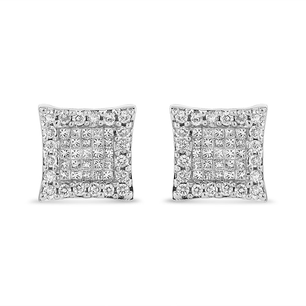 18K White Gold 1.00 Cttw Round and Princess-Cut Diamond Halo Square Stud Earring (G-H Color, SI1-SI2 Clarity) - Friggin Jewelry