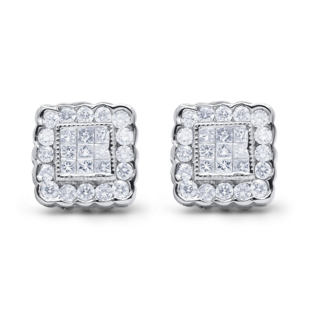 Orecchini a bottone con alone quadrato con cornice a bordo smerlato e diamanti taglio brillante e principessa da 1,0 ct in oro bianco 14 carati (colore GH, purezza SI1-SI2) - Friggin Jewelry