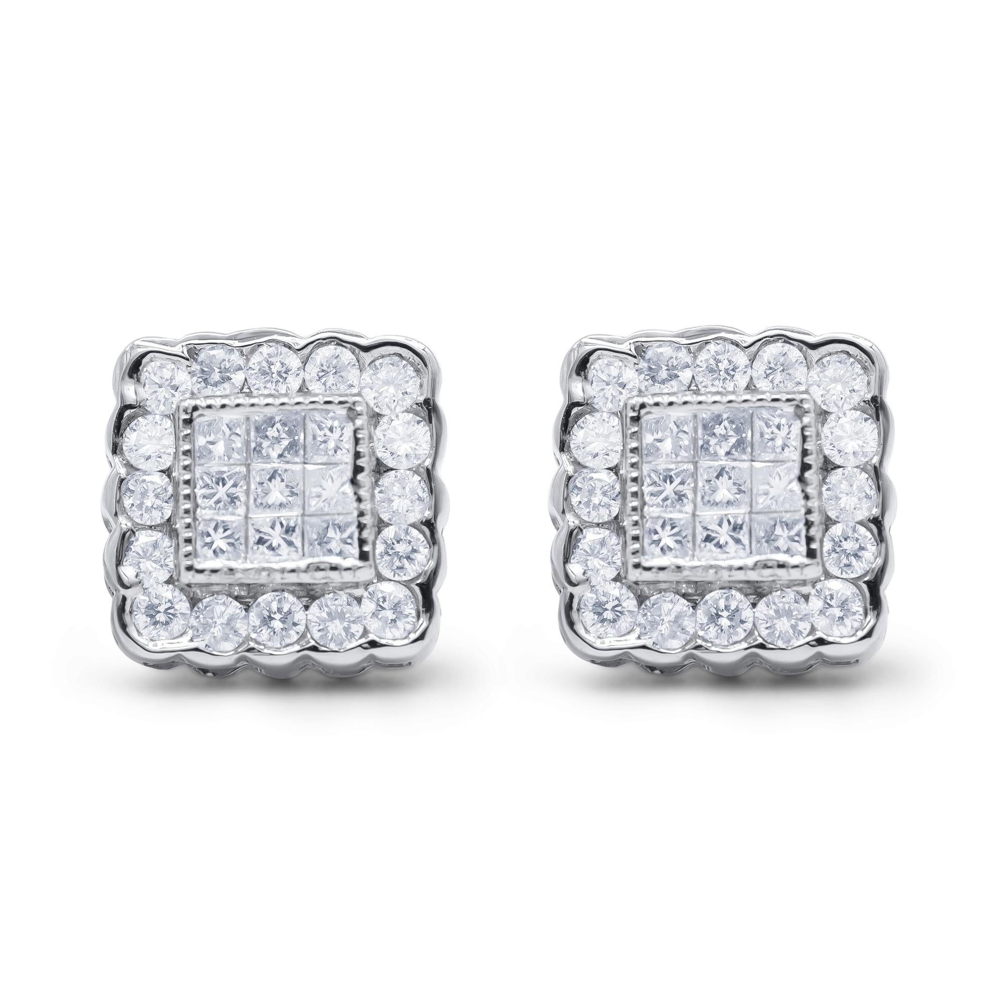 Aretes de oro blanco de 14 quilates con halo cuadrado enmarcado con diamantes de talla brillante y princesa de 1,0 quilates (color GH, claridad SI1-SI2) - Friggin Jewelry