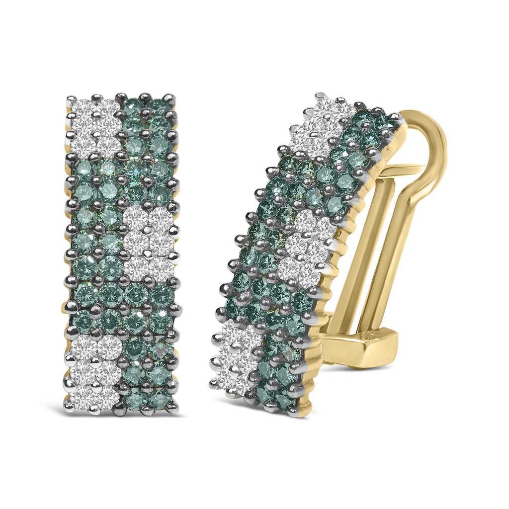 Aretes Omegaback de oro amarillo de 14 quilates con pavé de cuatro filas de diamantes blancos y azules tratados de 2,00 quilates (color HI, claridad SI1-SI2) - Friggin Jewelry