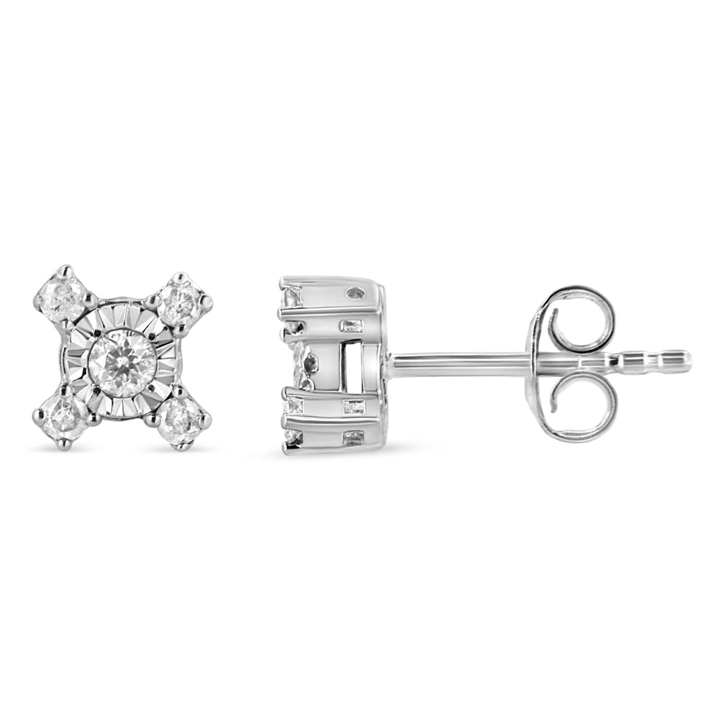 .925 Sterling Silver 1/4 Cttw Miracle Plate Set Round and Princess-Cut Diamond "X" Shaped Stud Earrings (I-J Color, I2-I3 Clarity) - Friggin Jewelry