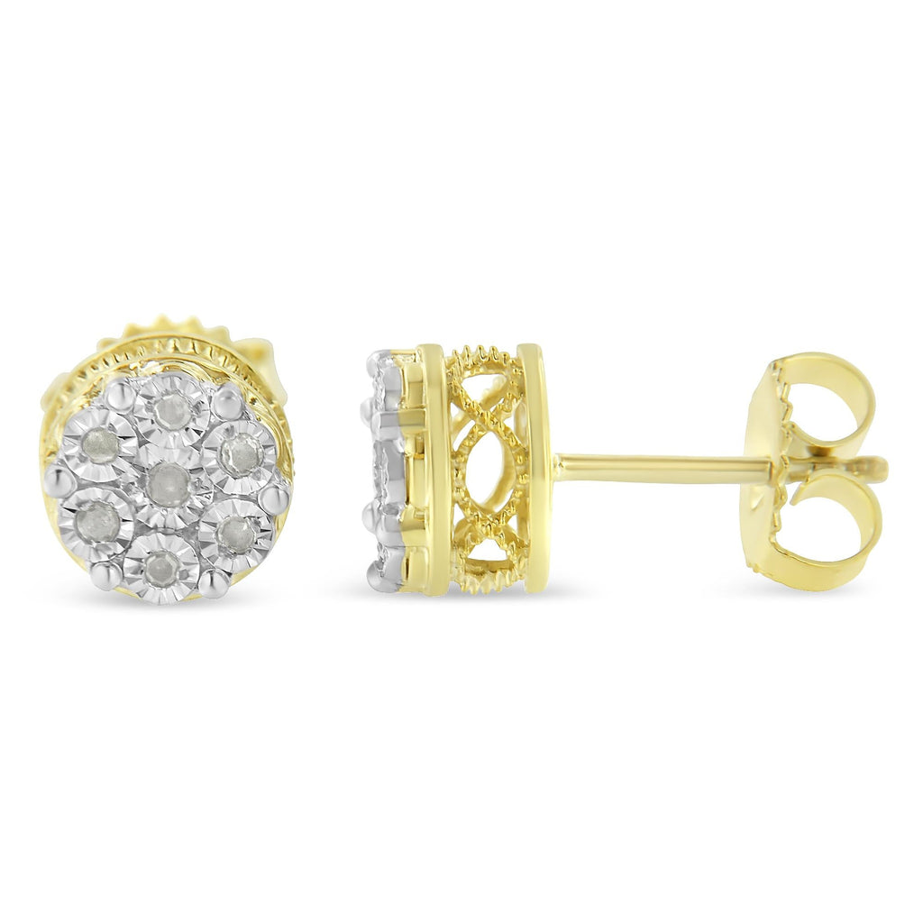 10K Yellow Gold over .925 Sterling Silver 1/7 Cttw Rose-Cut Miracle-Set Diamond Floral Cluster Button Stud Earrings (I-J Color, I3 Clarity) - Friggin Jewelry