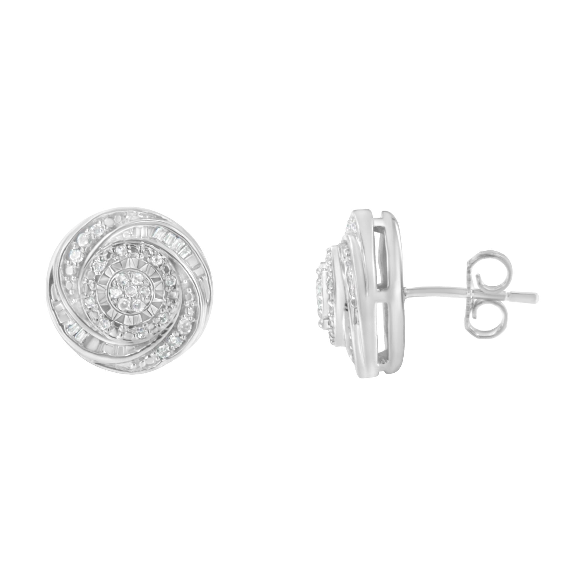 .925 Sterling Silver 1/4 Cttw Baguette and Round Diamond Swirl Love Knot Stud Earrings (I-J Color, I3 Clarity) - Friggin Jewelry
