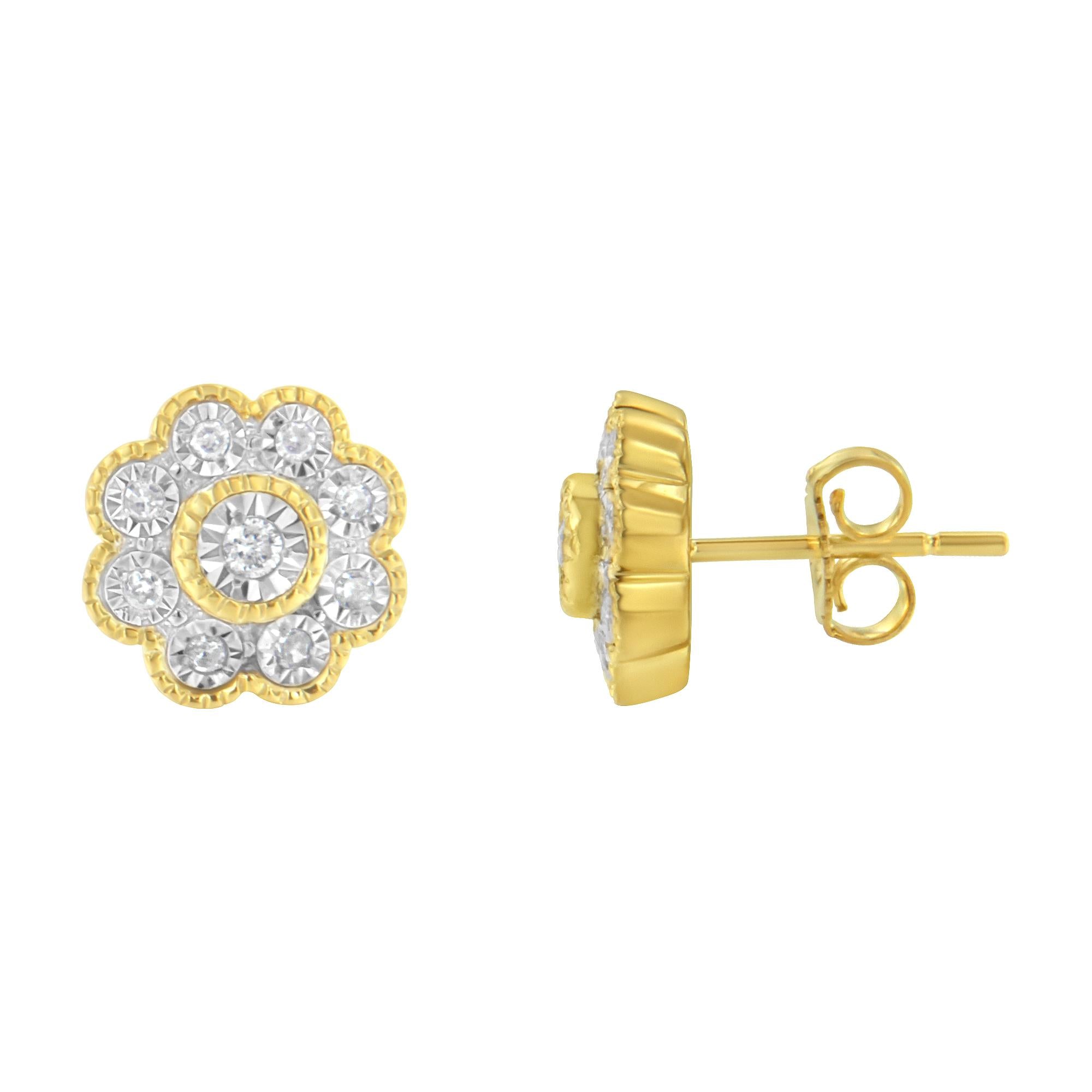 14K Yellow Gold Plated .925 Sterling Silver 1/6 Cttw Miracle-Plate Set Diamond Floral Stud Earrings (I-J Color, I2-I3 Clarity) - Friggin Jewelry