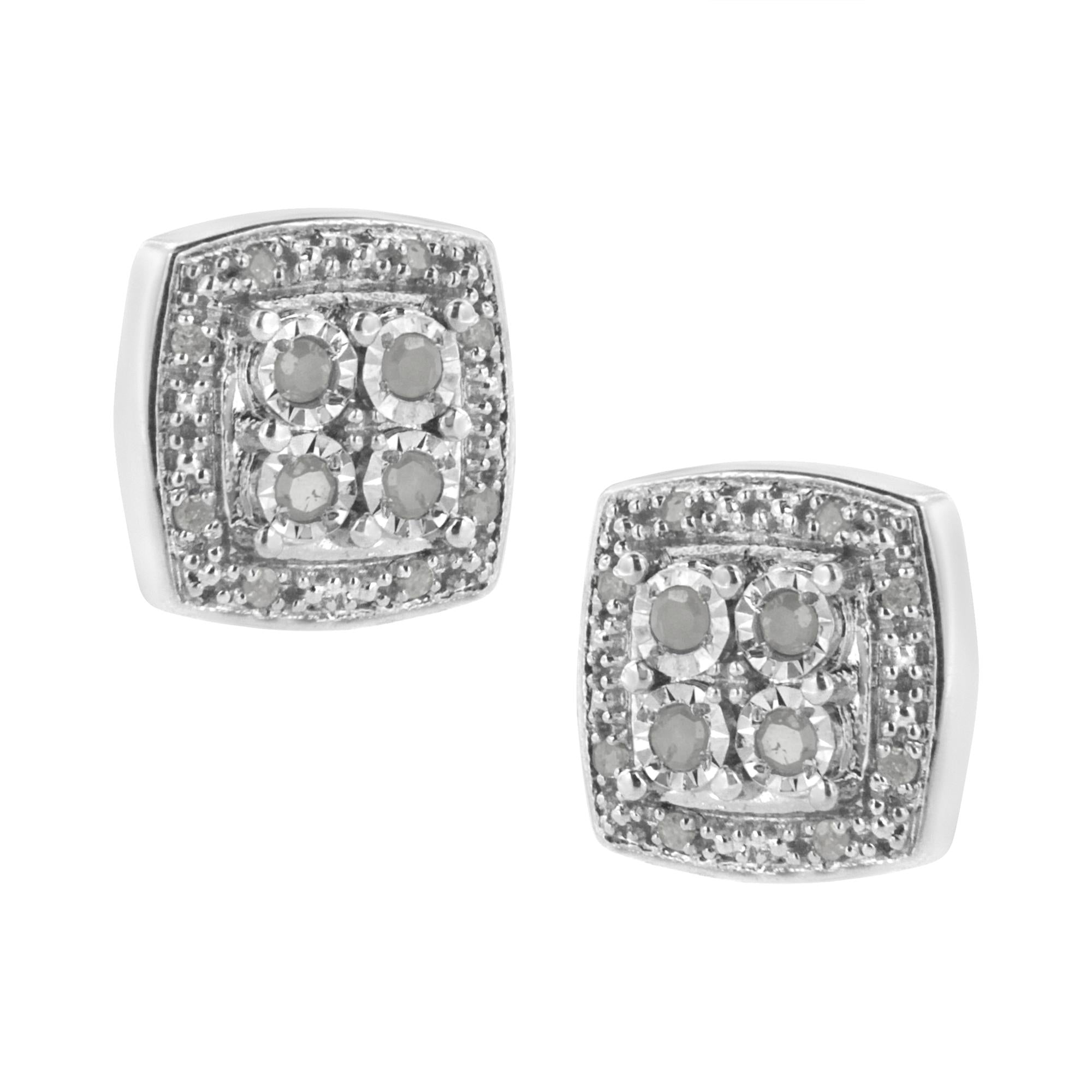 .925 Sterling Silver 1/4 cttw Round Cut Diamond Square Shape Milgrain Stud Earrings (I-J Color, I3 Clarity) - Friggin Jewelry